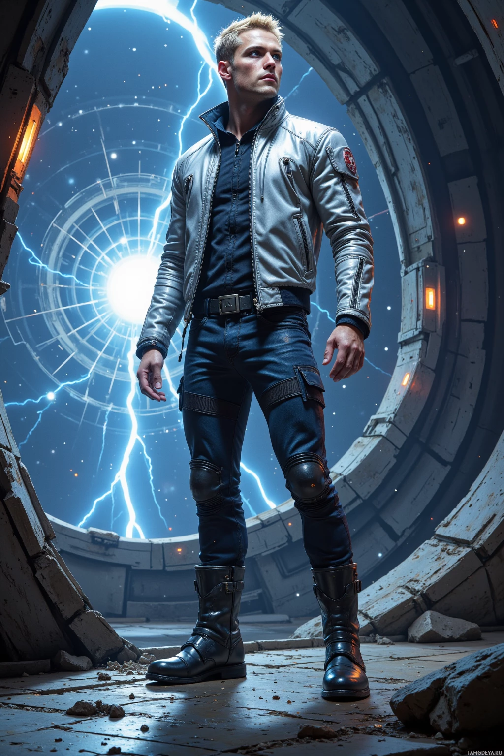 A person stands in a futuristic setting with a glowing circular portal behind them.