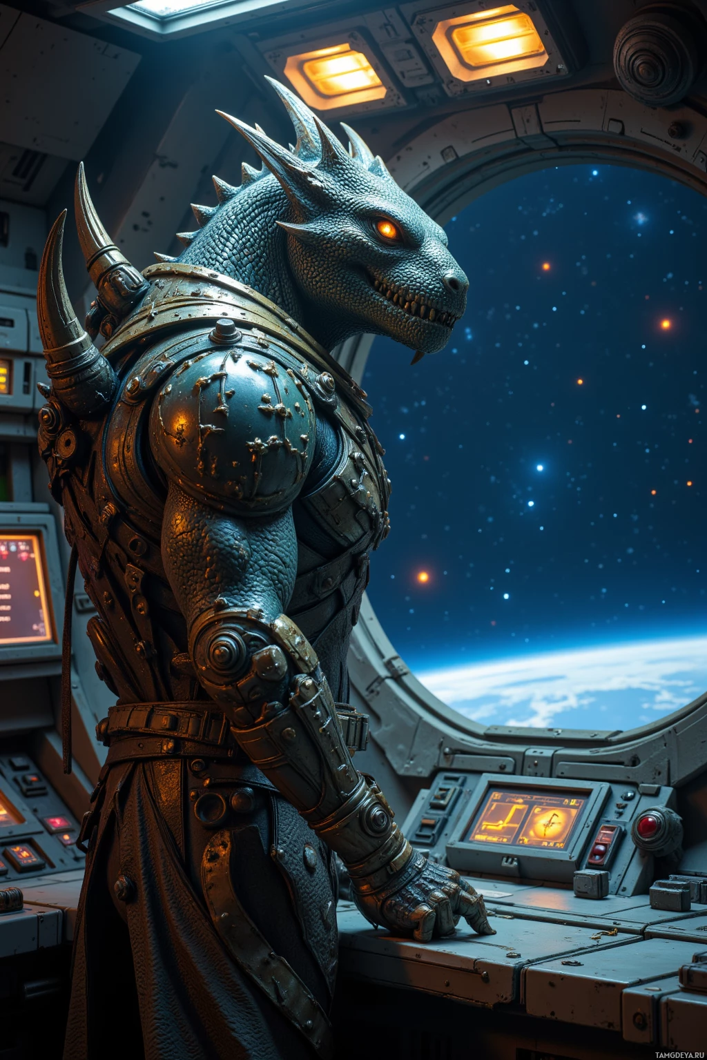 A dragon-like creature in futuristic armor stands at a control panel, gazing out at a starry space view.