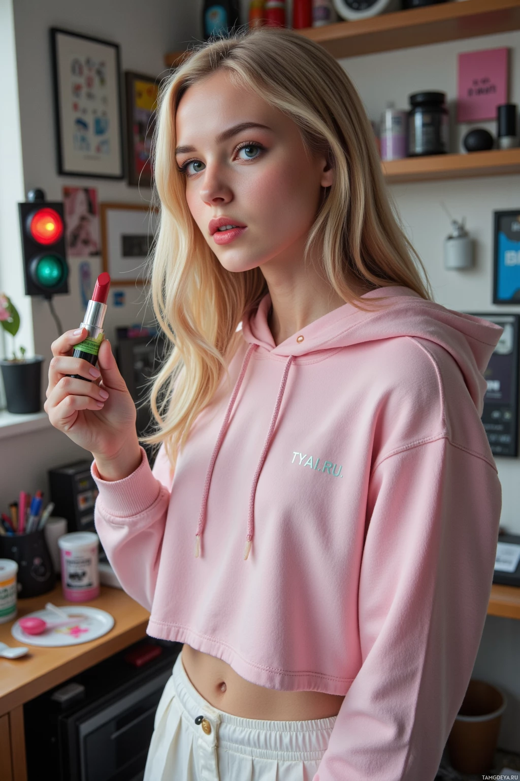 A person wearing a pink cropped hoodie and holding a lipstick.
