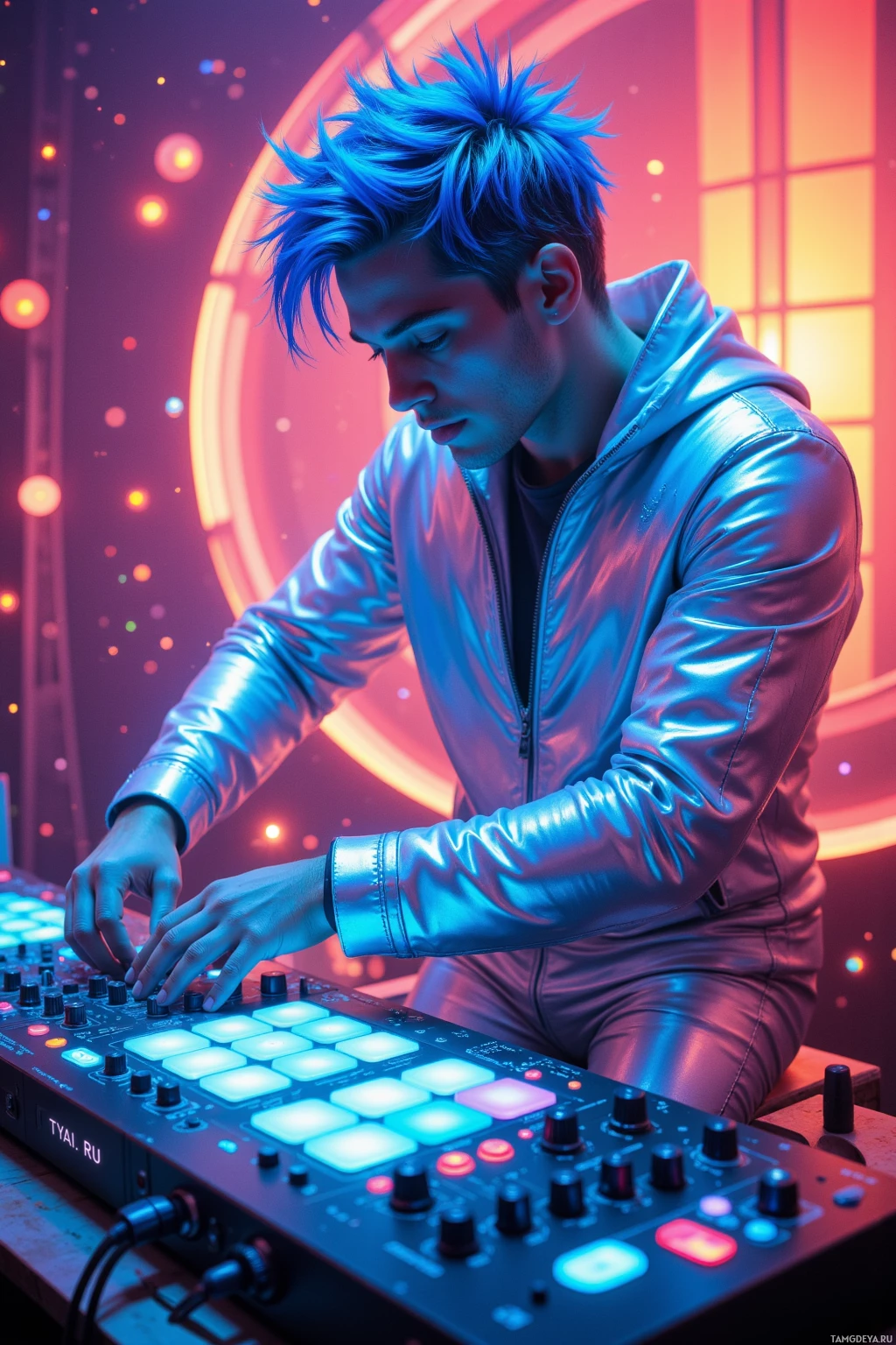 A person with blue hair in a shiny jacket is operating a DJ mixer in a vibrant, neon-lit environment.