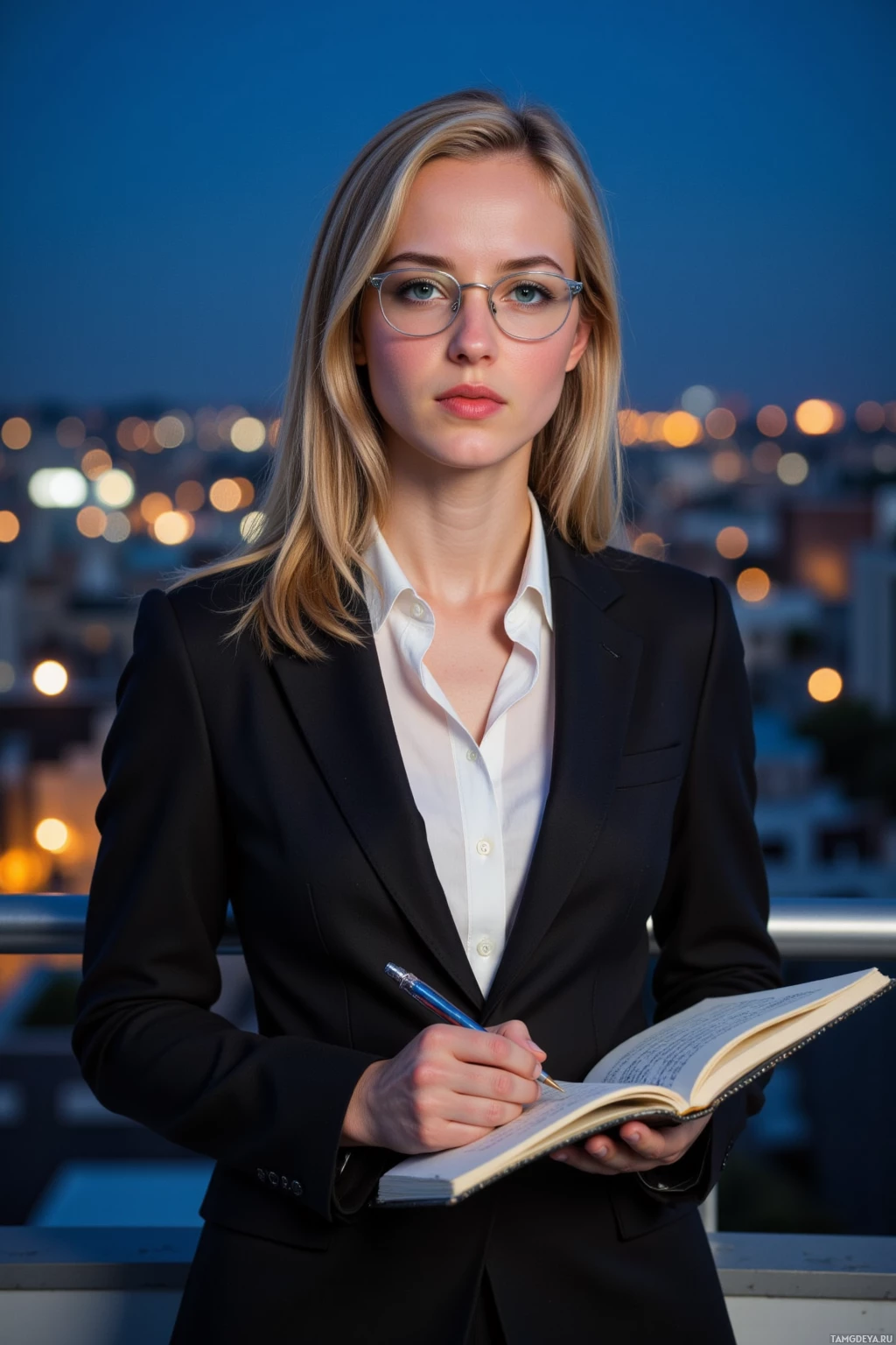 A woman in a suit holding a notebook and pen, with a cityscape in the background.