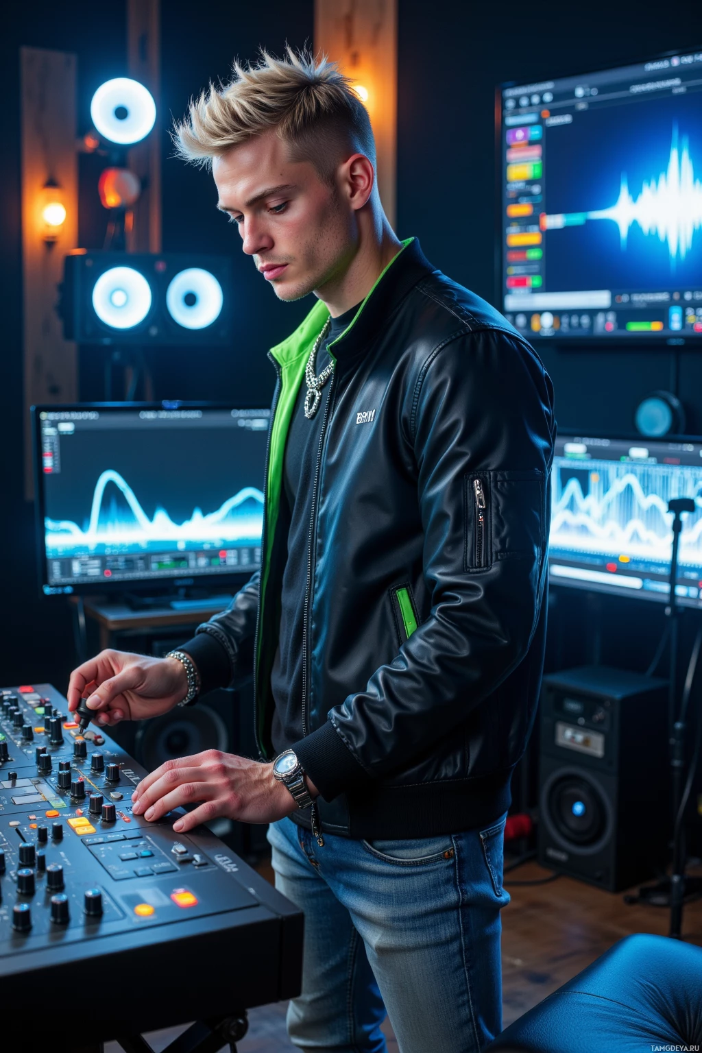 A person in a studio setting, adjusting controls on a mixing console.