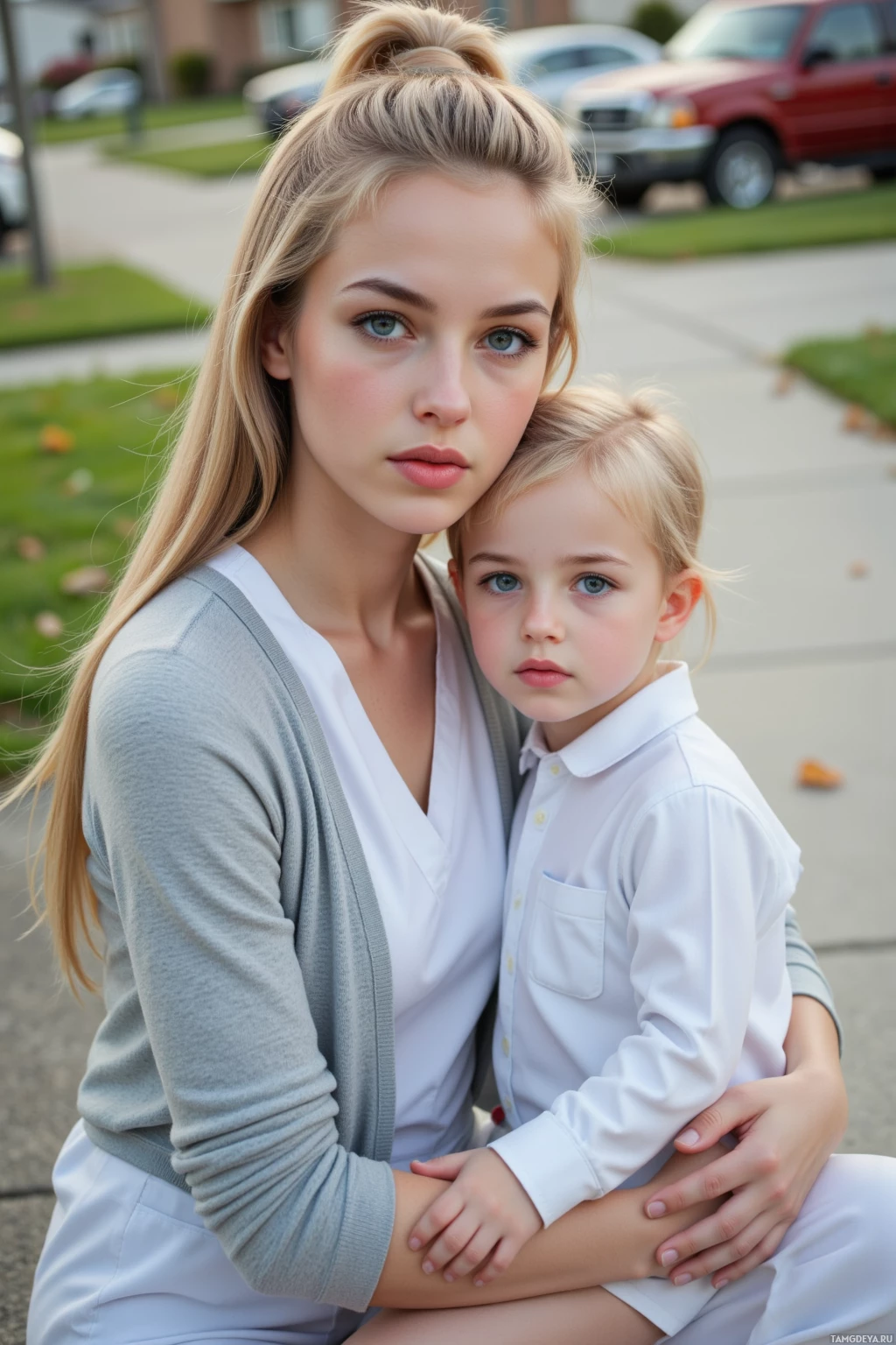 A woman and a child pose together on a sidewalk in a suburban neighborhood.