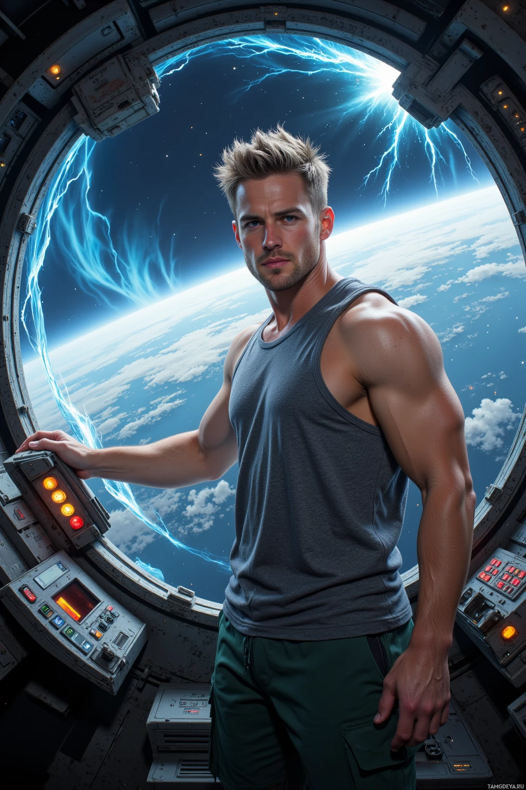 A muscular man in a space station with a view of Earth and lightning.