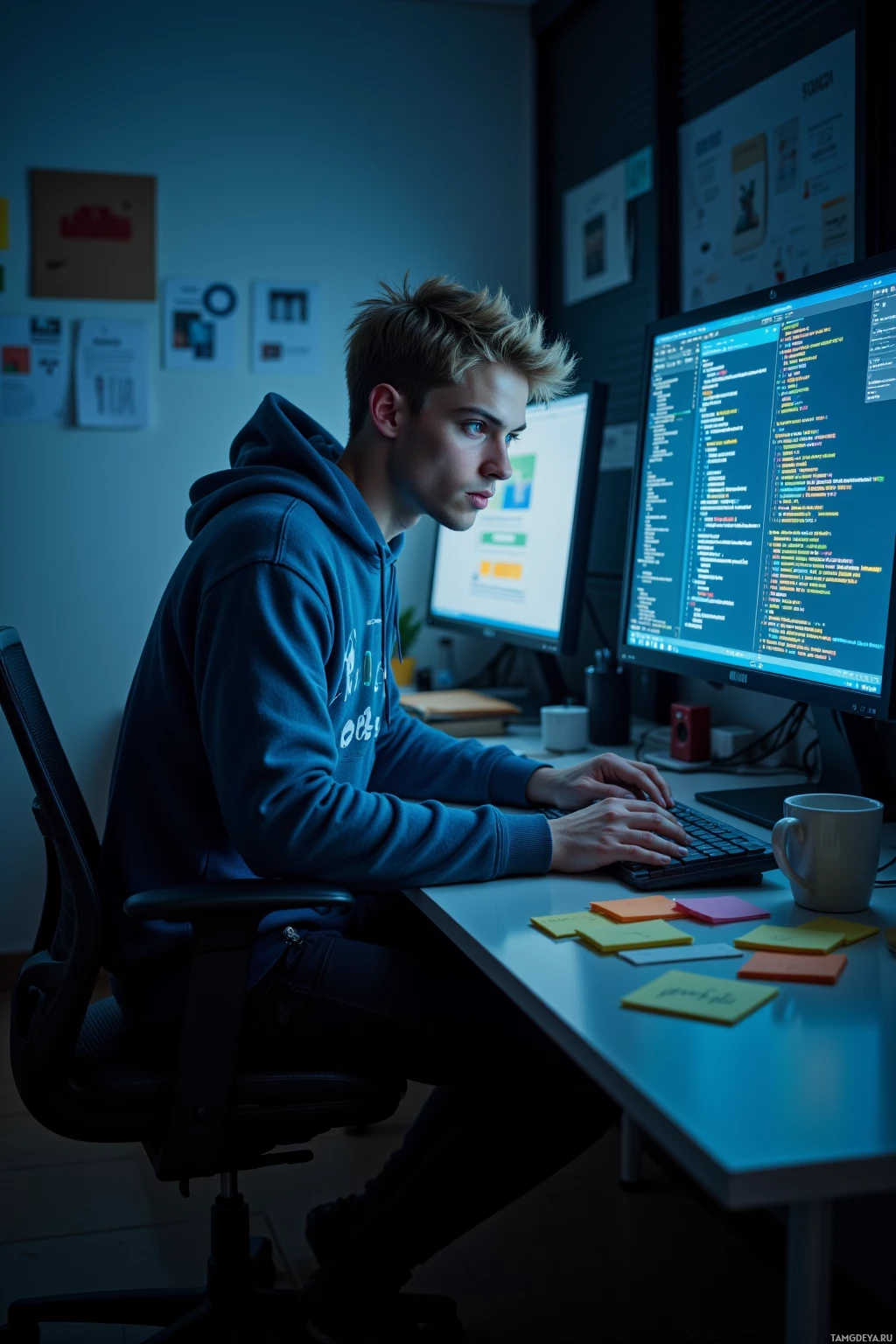 A person in a hoodie is working at a desk with multiple computer screens displaying code.
