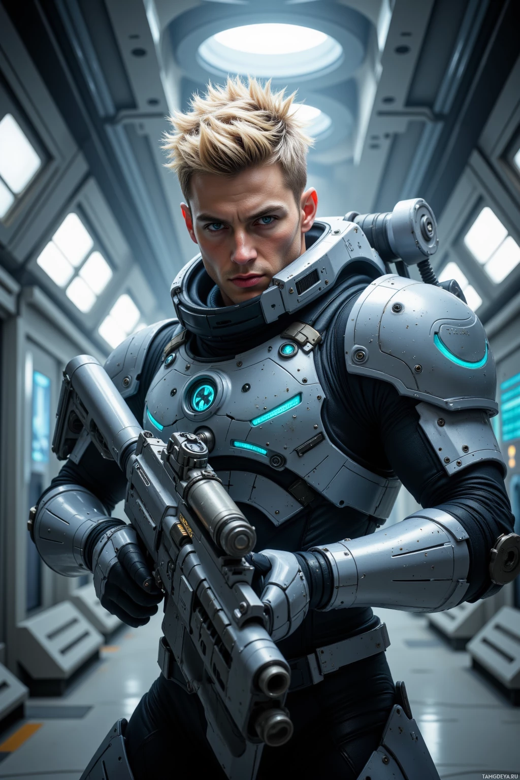 A futuristic soldier in a high-tech suit holds a large, advanced weapon in a sci-fi setting.