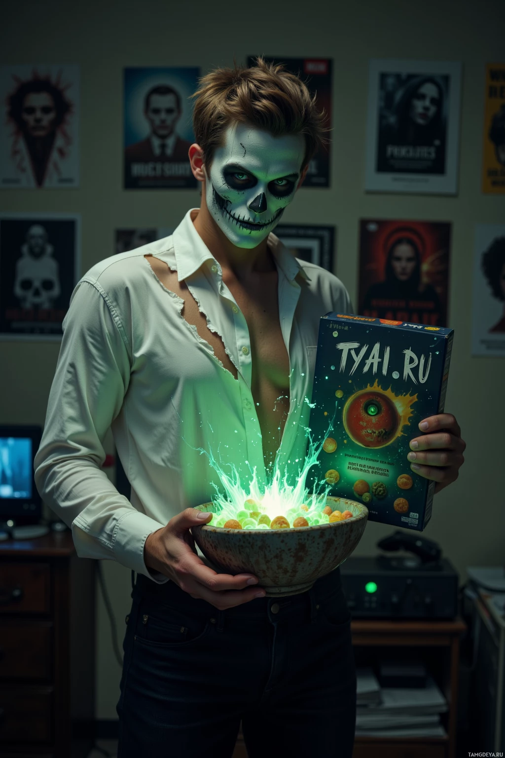 A person with skull makeup holds a glowing bowl and a box labeled "TYAI.RU.