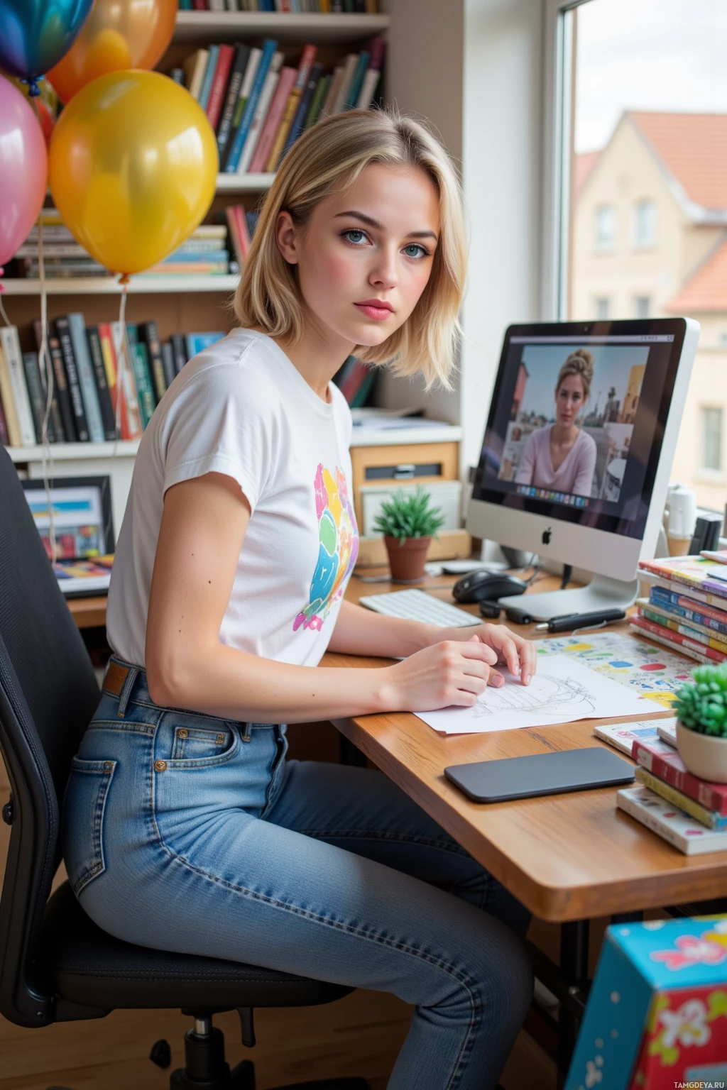 A young woman sits at a desk with a computer, surrounded by books and balloons.