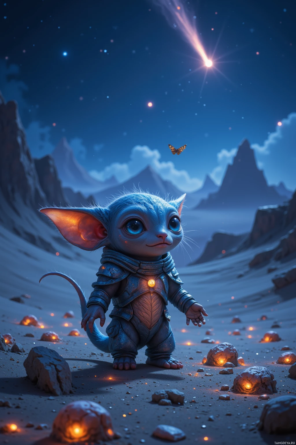 A small, blue-furred creature with large ears and a tail stands in a rocky, starry landscape with a glowing comet in the sky.