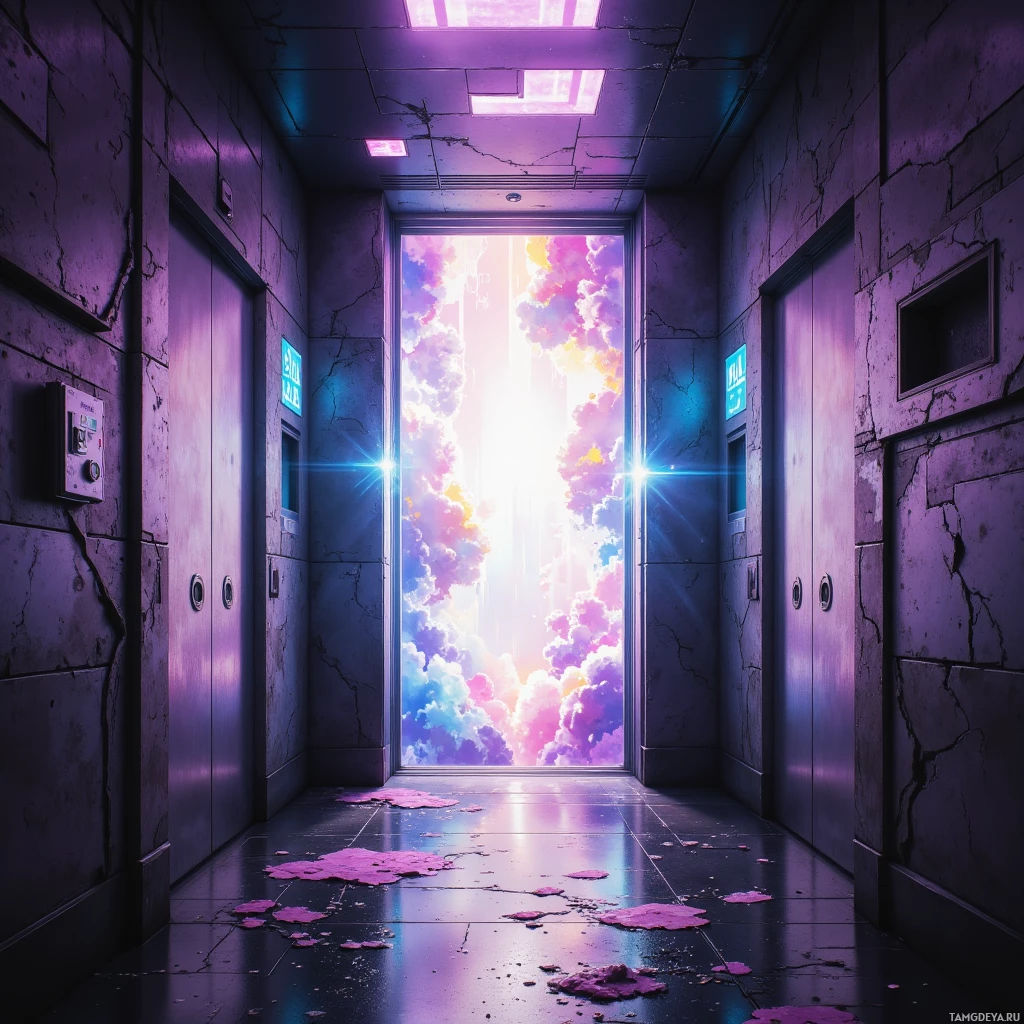 A dimly lit corridor with cracked walls and a glowing exit door leading to a bright, colorful sky.