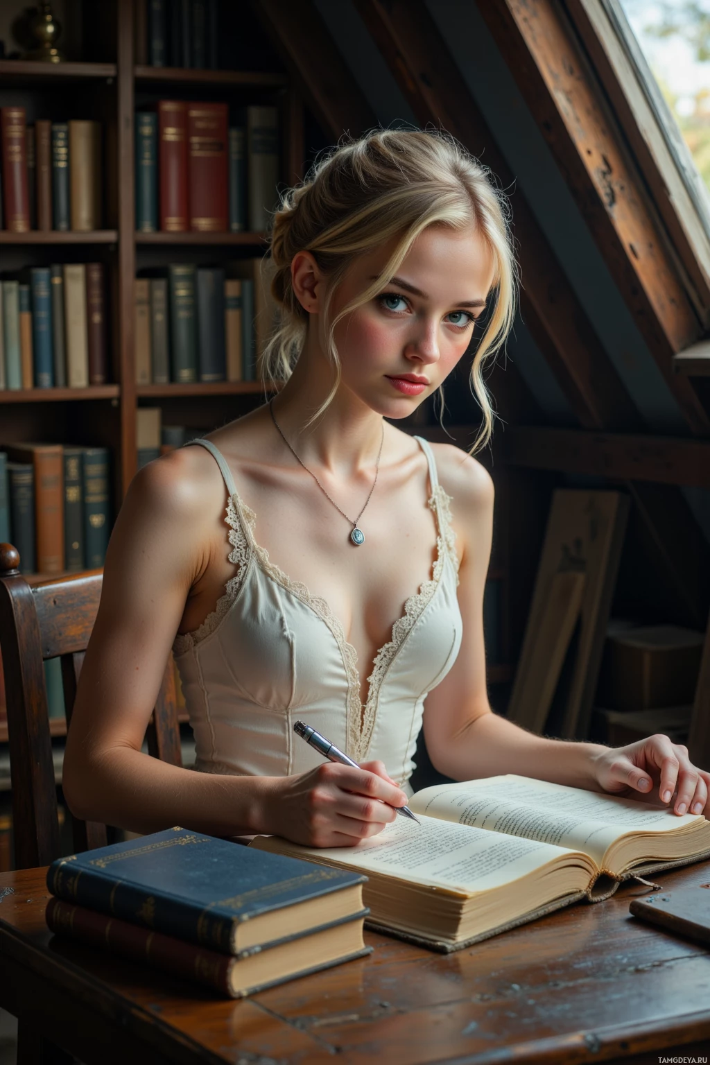 A woman in a white lace top sits at a desk with books, holding a pen and looking at an open book.