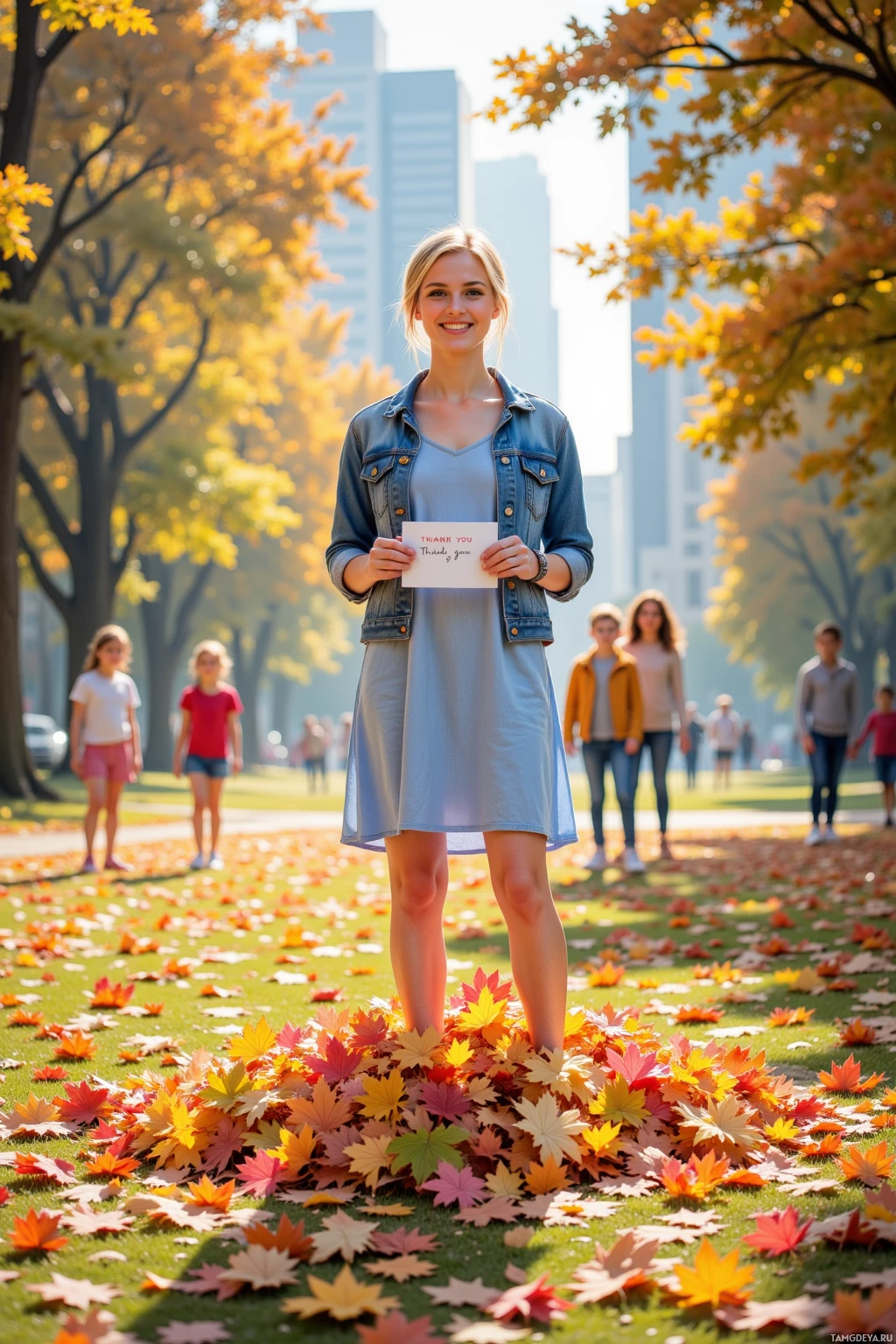 A woman stands in a park surrounded by autumn leaves, holding a "Thank You" card.