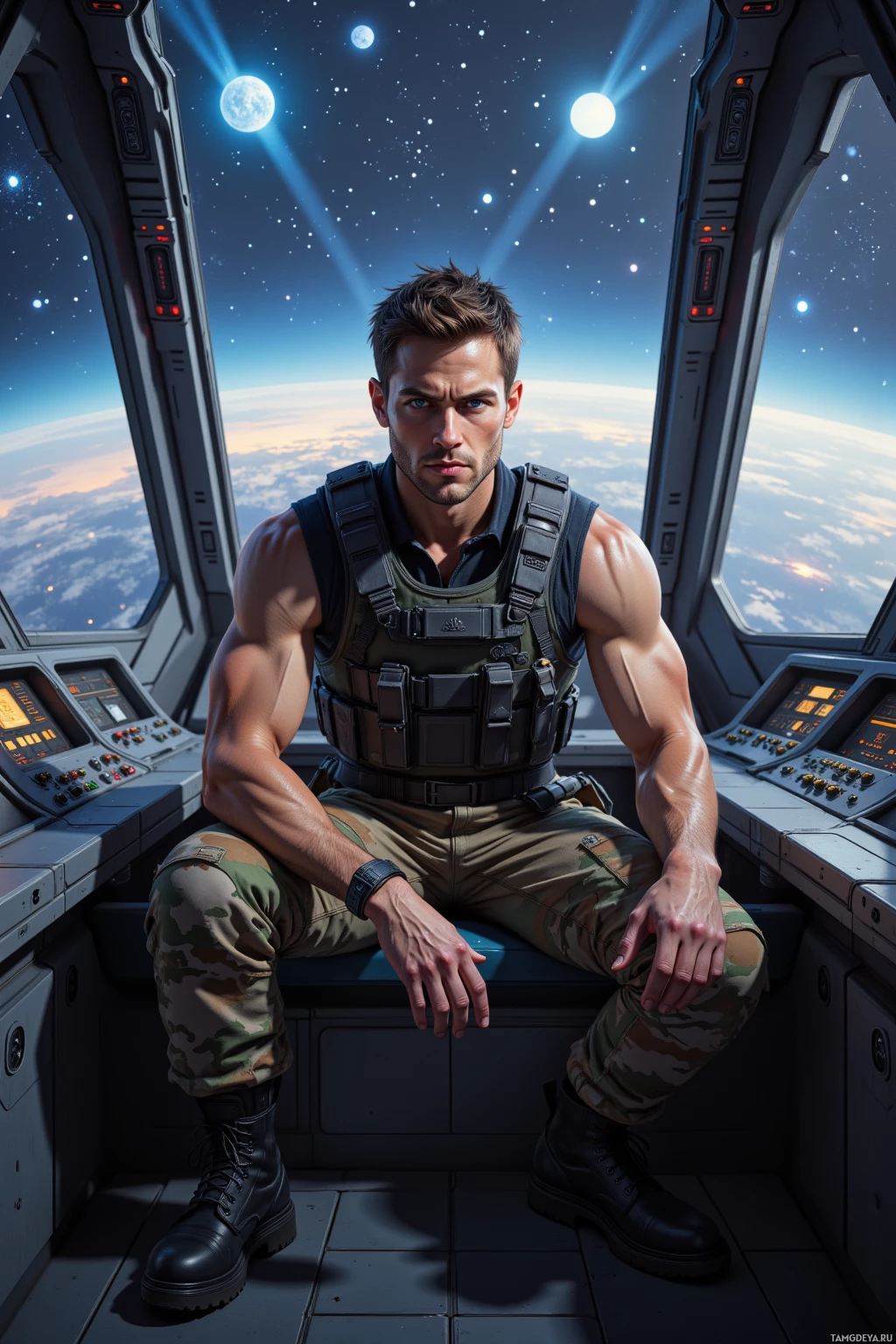 A muscular man in tactical gear sits inside a spacecraft cockpit, gazing out at a starry space scene.