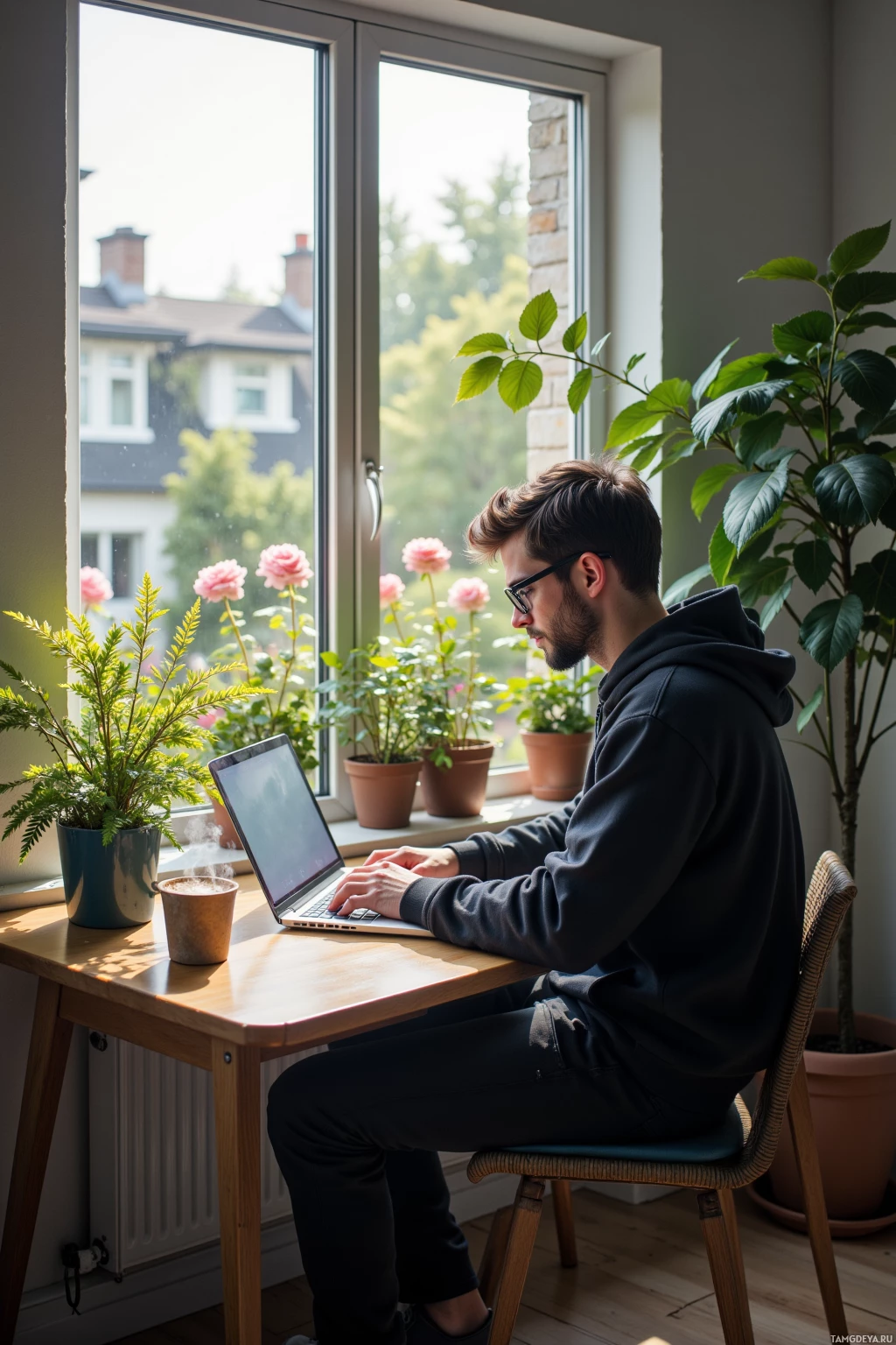 A person works on a laptop at a desk by a window with potted plants and flowers.