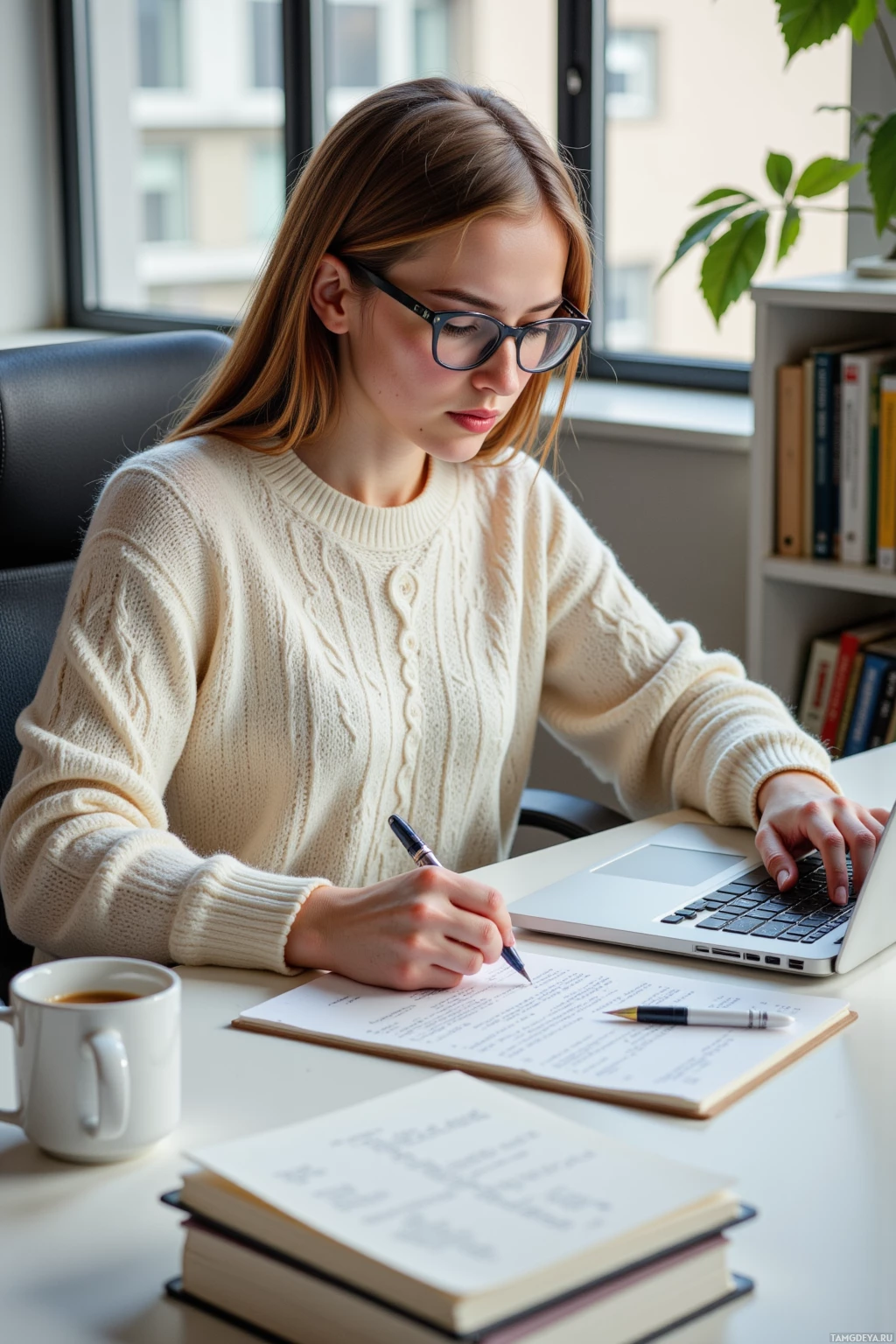 A person wearing a sweater is working at a desk with a laptop, books, and a coffee mug.