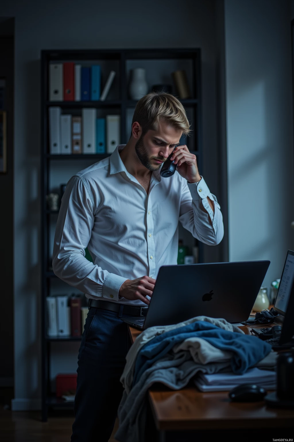 A man in a white shirt is working at a desk, using a laptop and holding a phone to his ear.