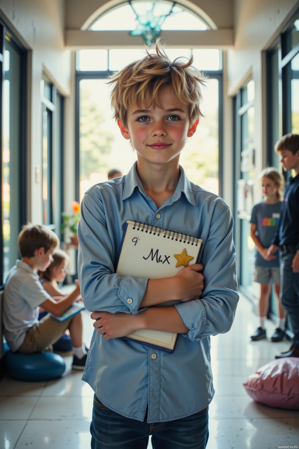 A young boy stands in a school hallway, holding a notebook with a star sticker, smiling at the camera.