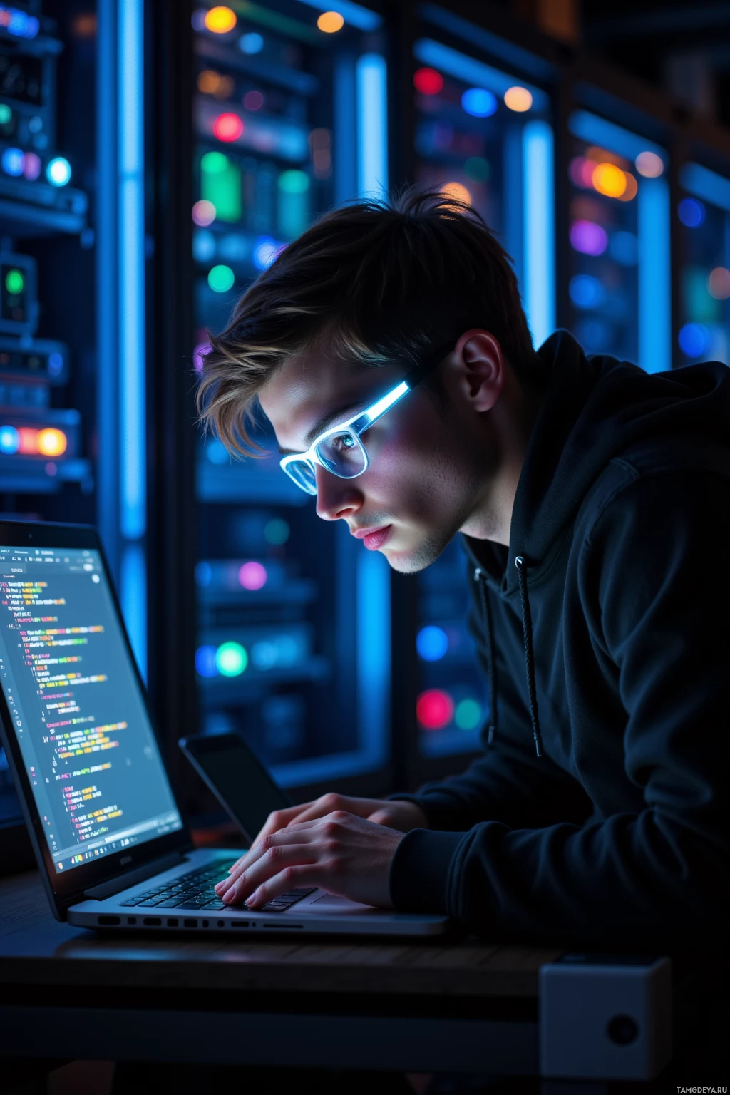 A person wearing glowing glasses works on a laptop in a dimly lit room with server racks in the background.