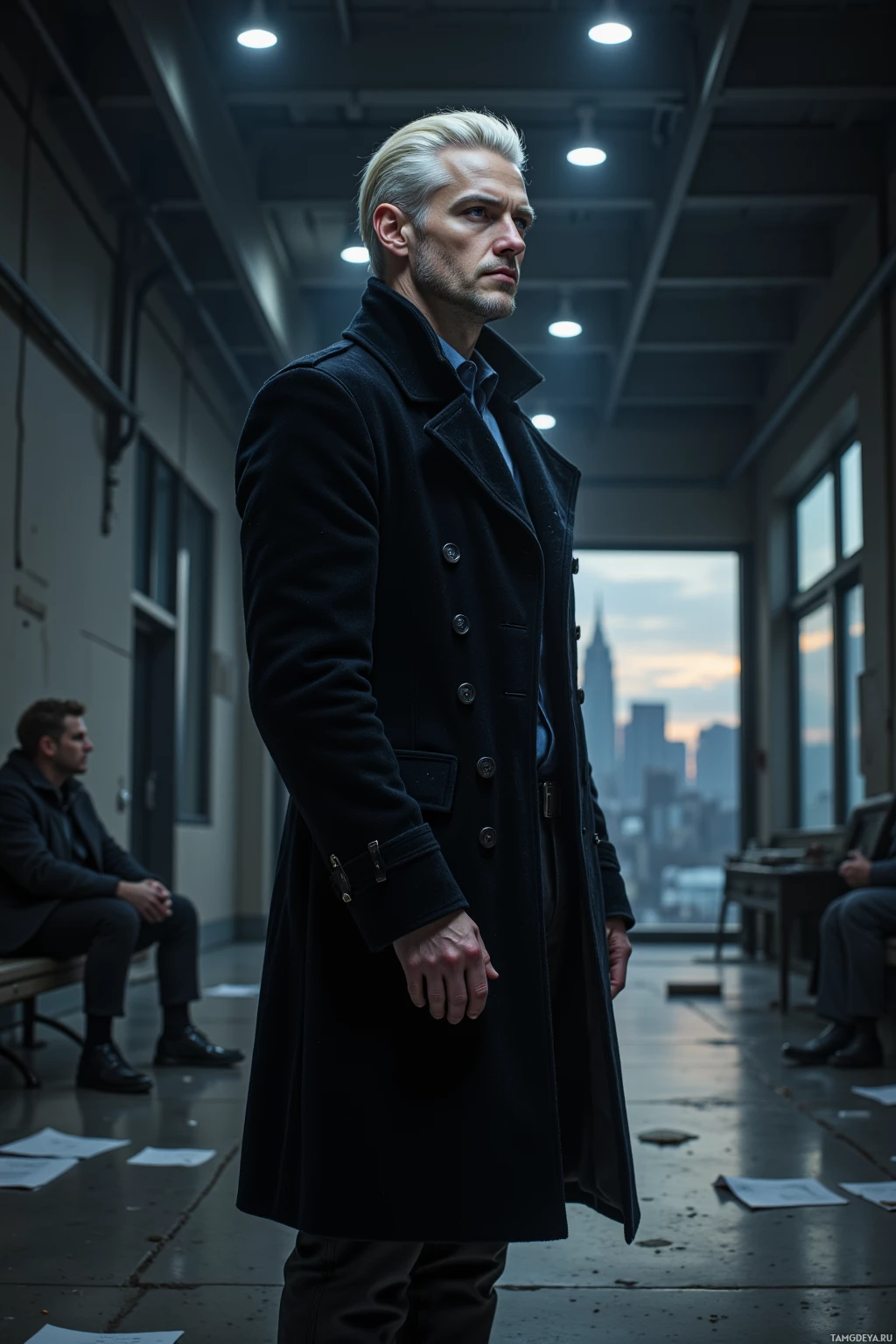 A man in a black coat stands in a dimly lit room with a cityscape visible through the window.