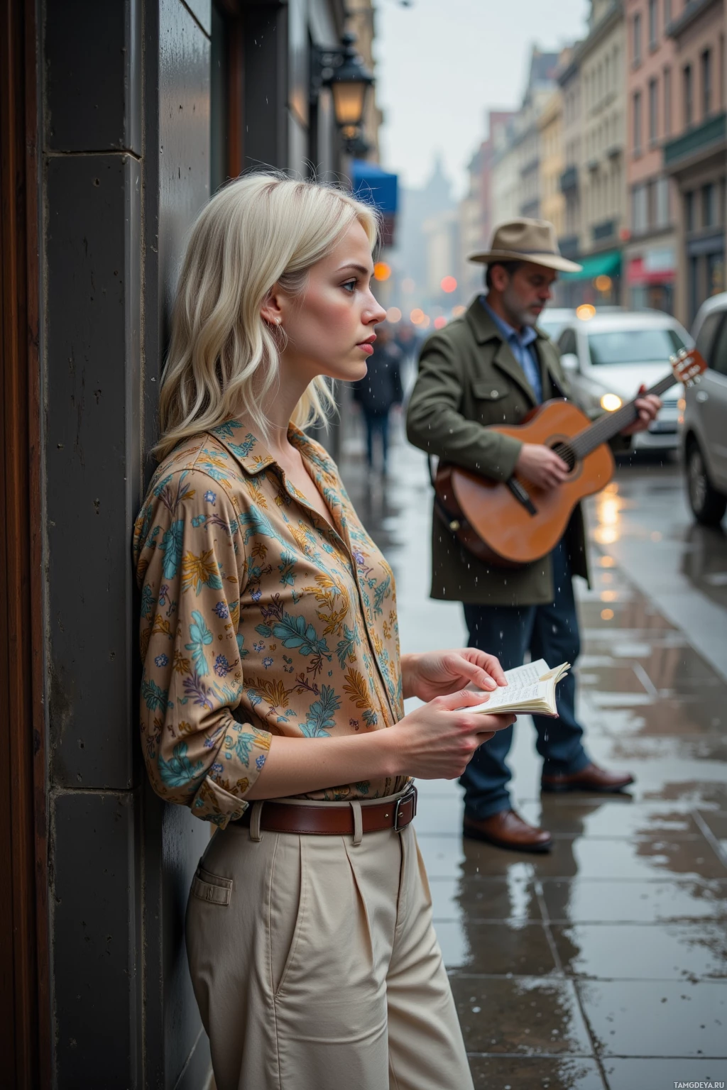 A woman leans against a wall while reading a book, with a man playing guitar in the background on a rainy street.