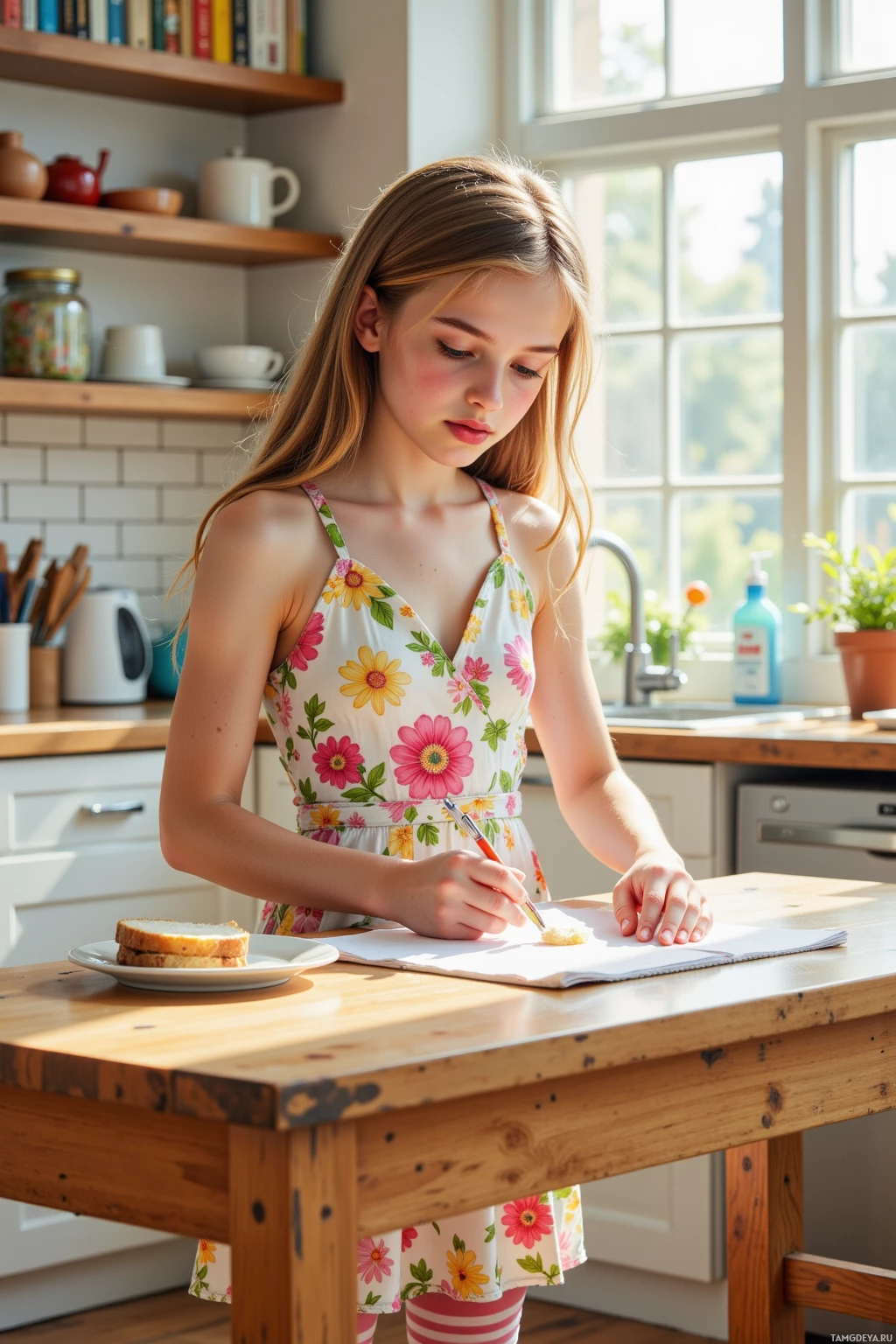 A young girl in a floral dress is writing in a notebook at a kitchen table.