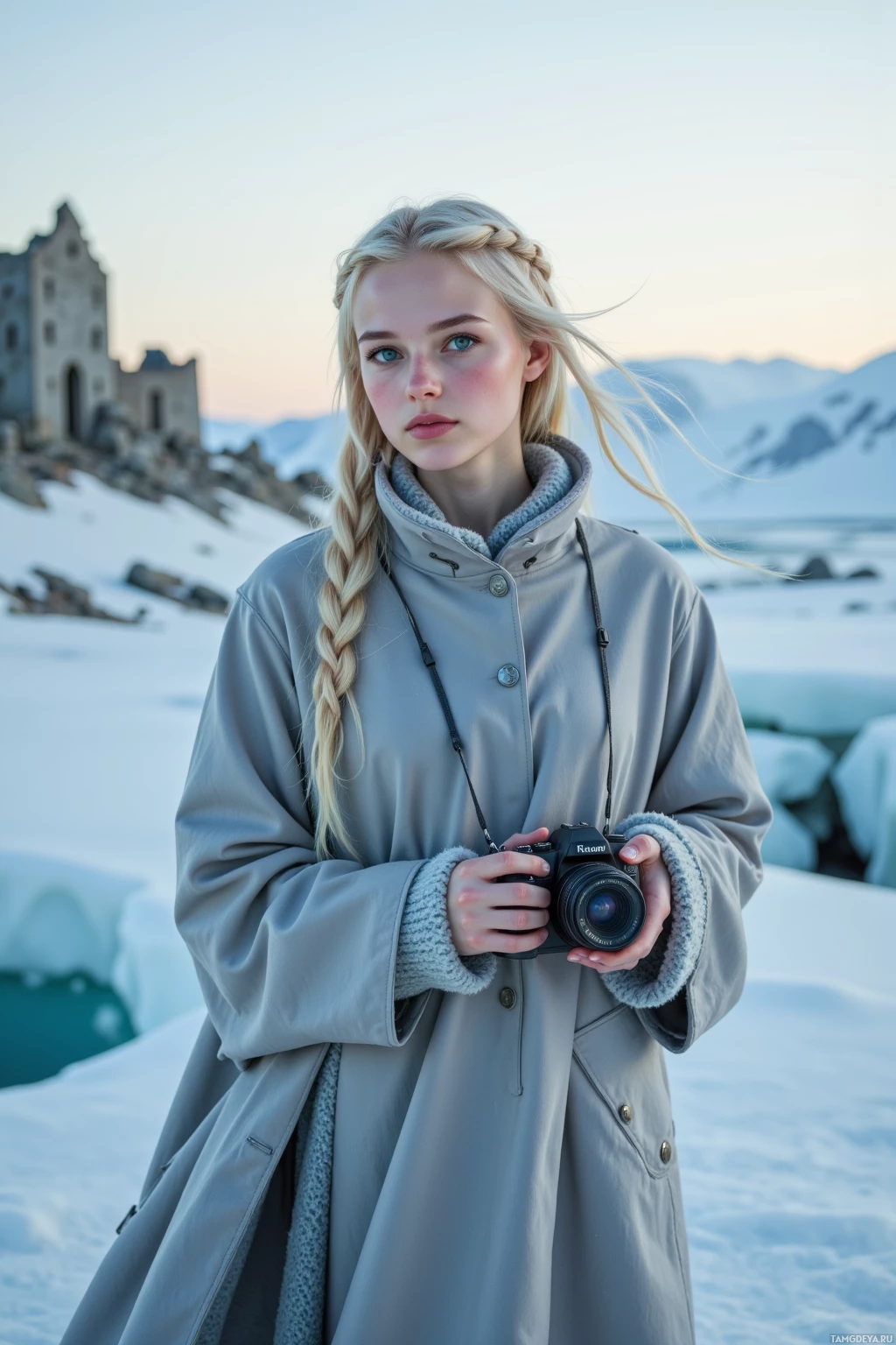 A person stands in a snowy landscape holding a camera, wearing a coat and a braid.