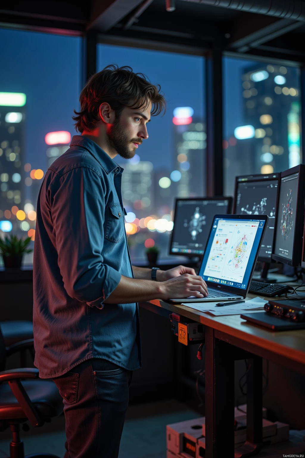 A man stands at a desk working on a laptop in an office with a cityscape view at night.