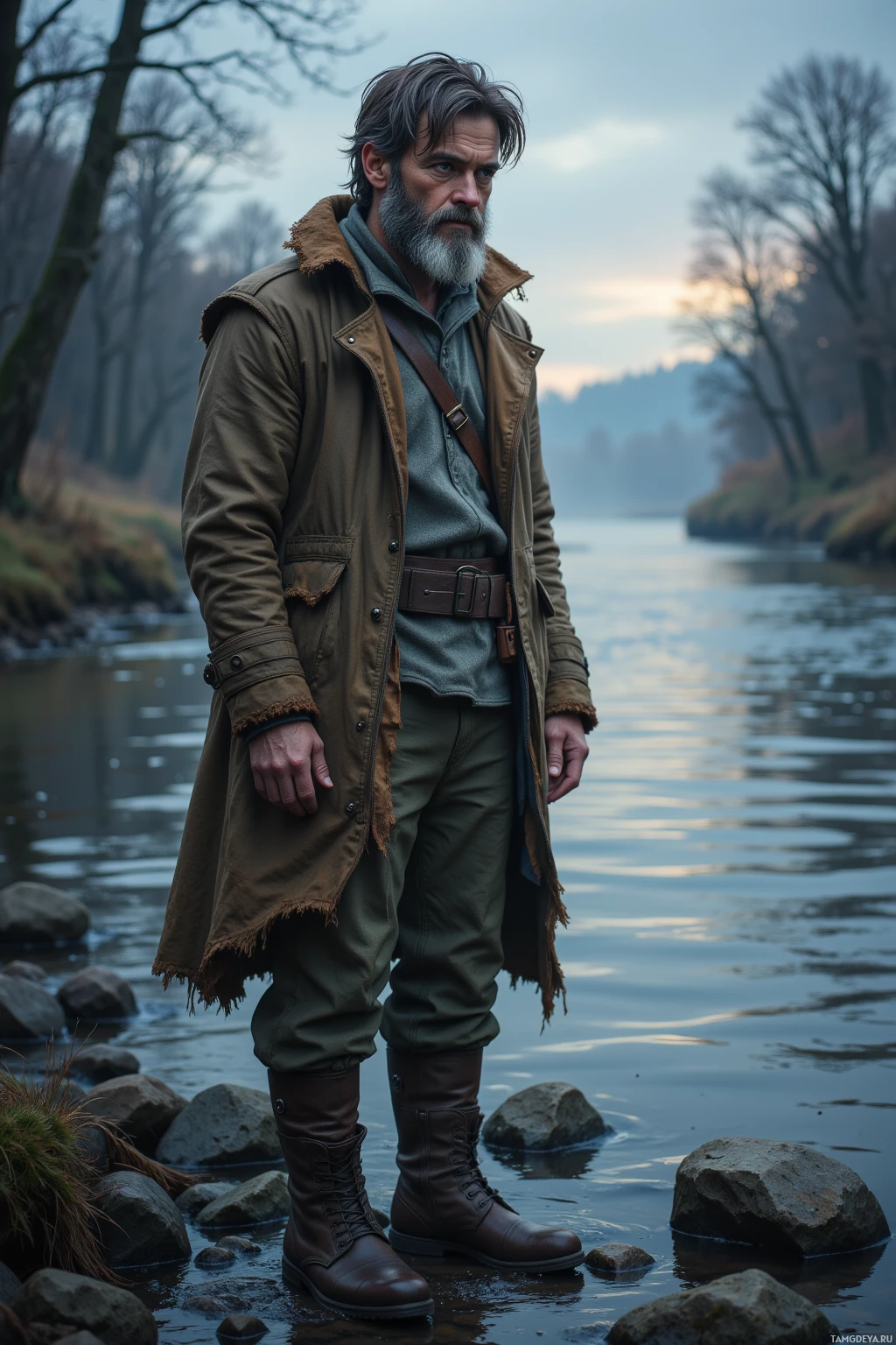 A man stands by a riverbank, wearing a rugged outfit and boots, gazing into the distance.