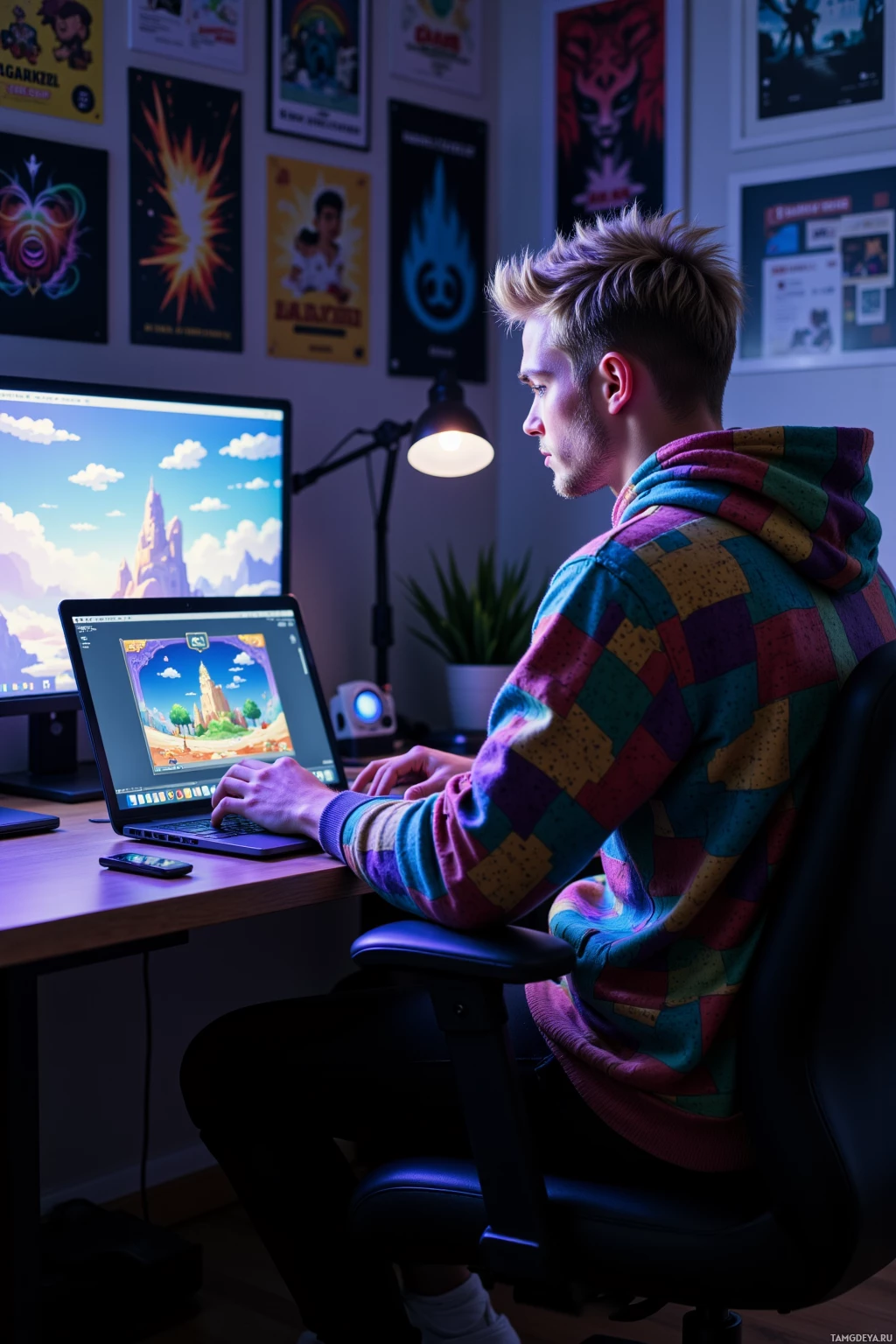 A person wearing a colorful hoodie sits at a desk, working on a laptop with a bright screen.