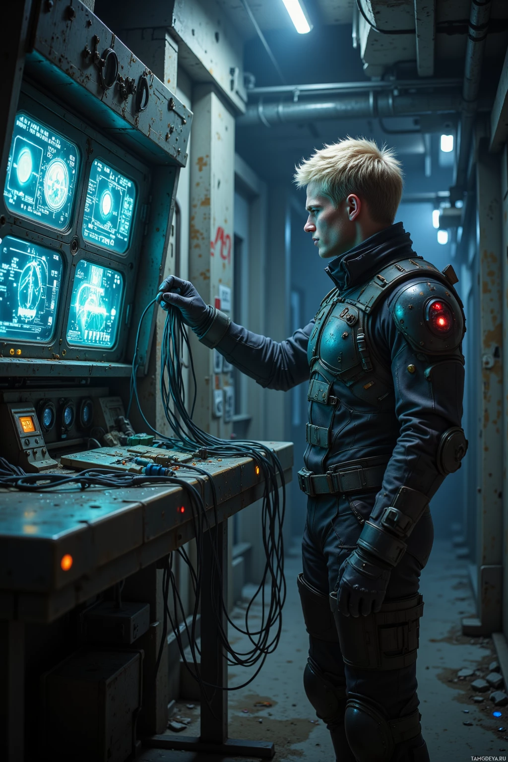 A person in futuristic armor stands in a dimly lit, industrial setting, interacting with a control panel.