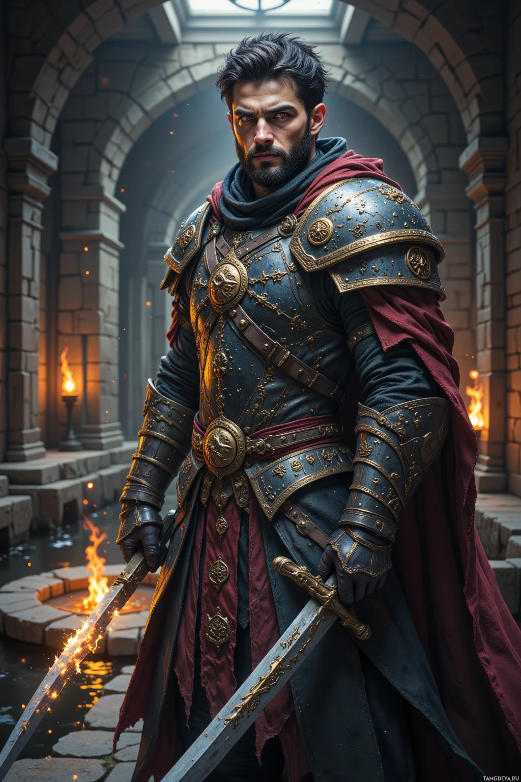 A knight in ornate armor stands in a stone archway, holding a sword.