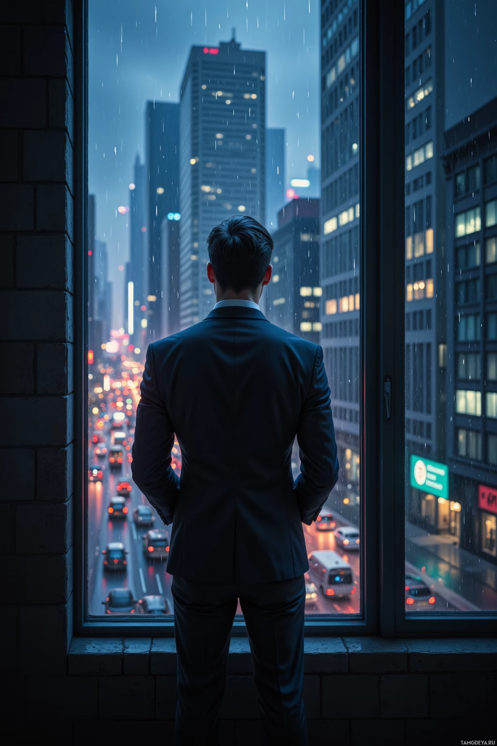 A man in a suit stands by a window overlooking a rainy cityscape at night.