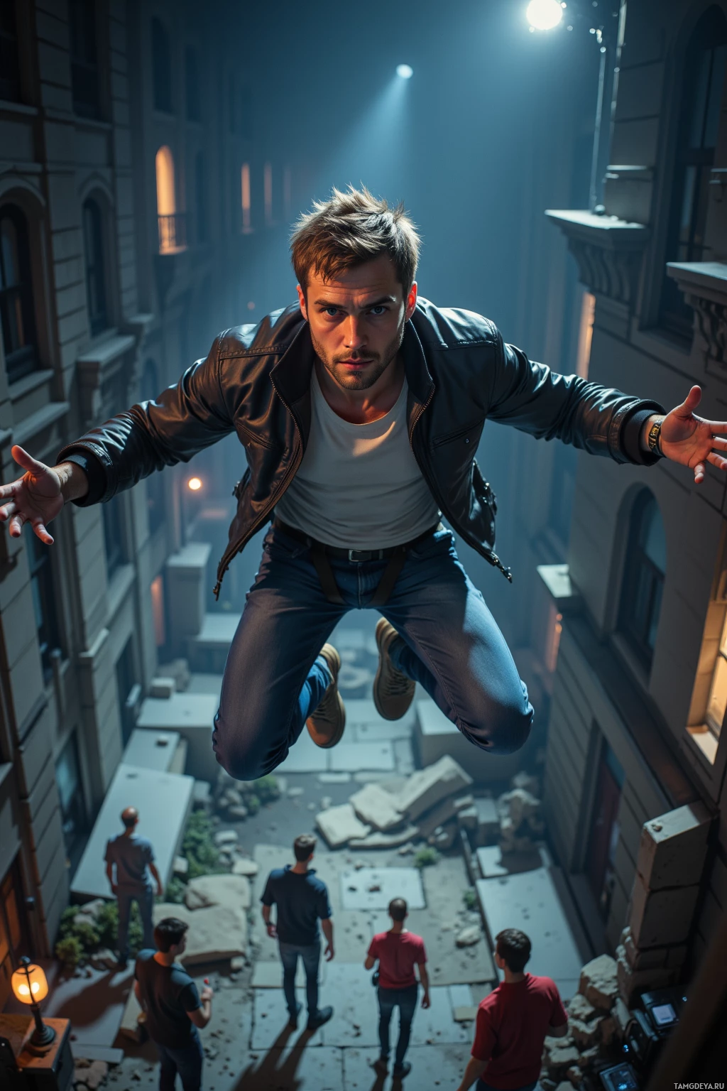A man in a leather jacket is suspended mid-air in an urban alleyway at night.