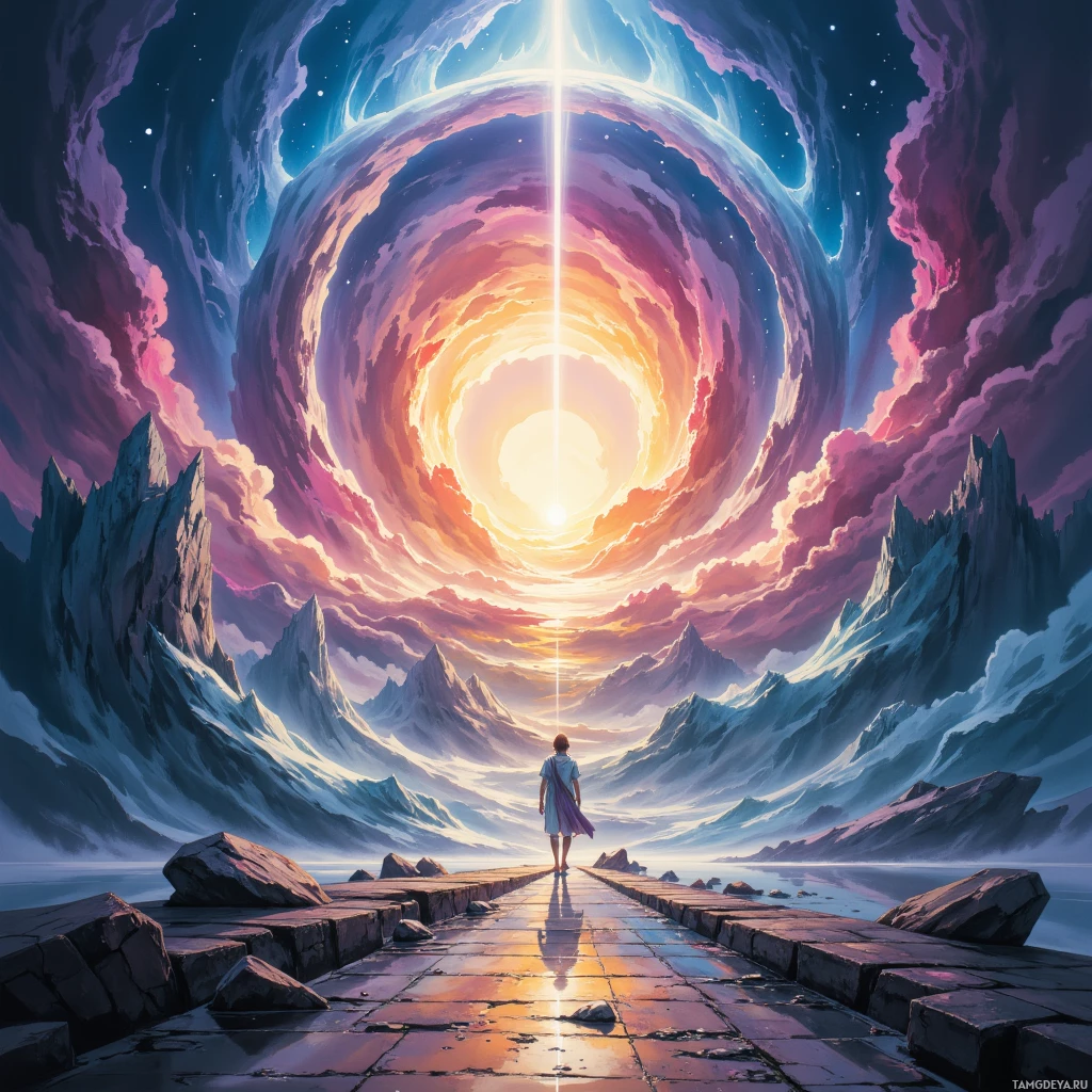 A person stands at the end of a stone path leading towards a glowing portal in a fantastical landscape.