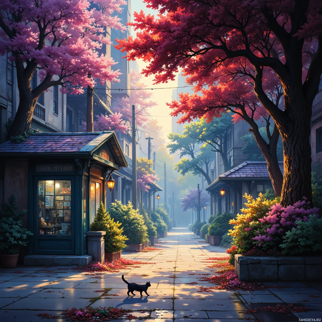 A serene street lined with blooming cherry trees and a quaint shop at the beginning.