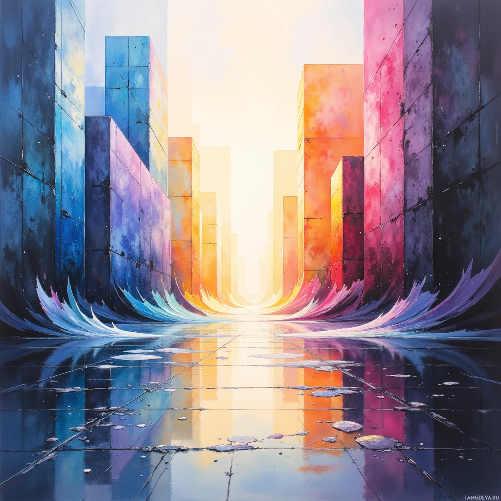 A vibrant, abstract cityscape with colorful buildings and a reflective ground.