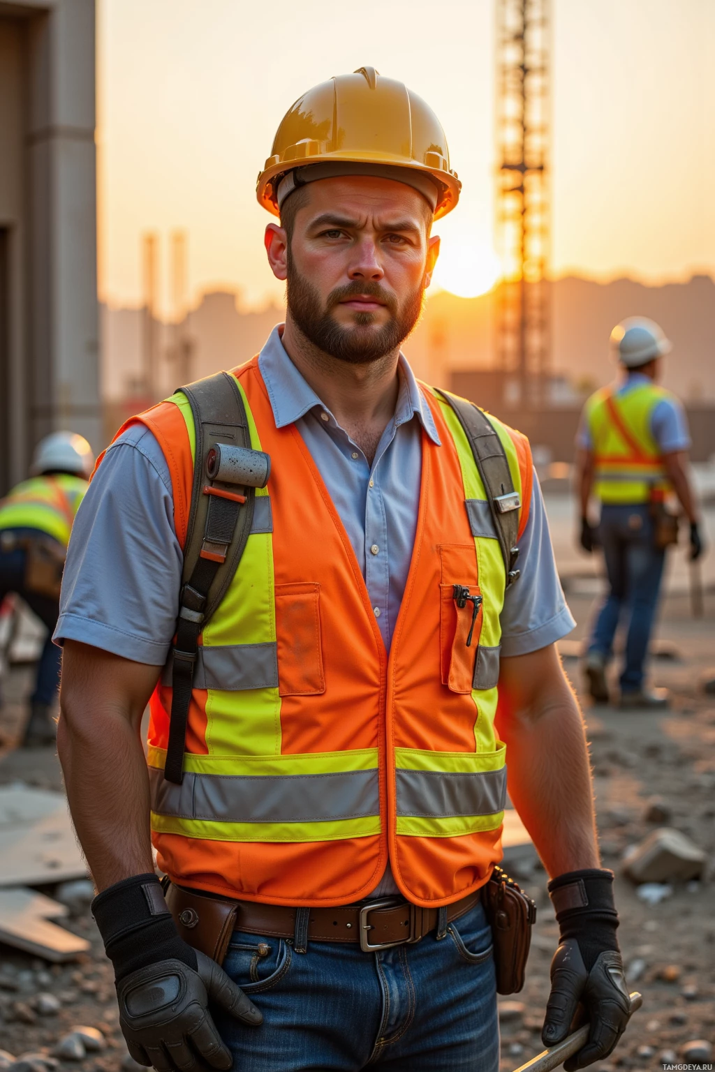A construction worker wearing a safety vest and hard hat stands on a site at sunset.