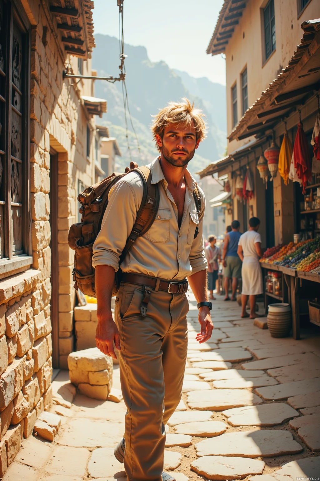 A man with a backpack walks down a cobblestone street in a sunlit, historic town.