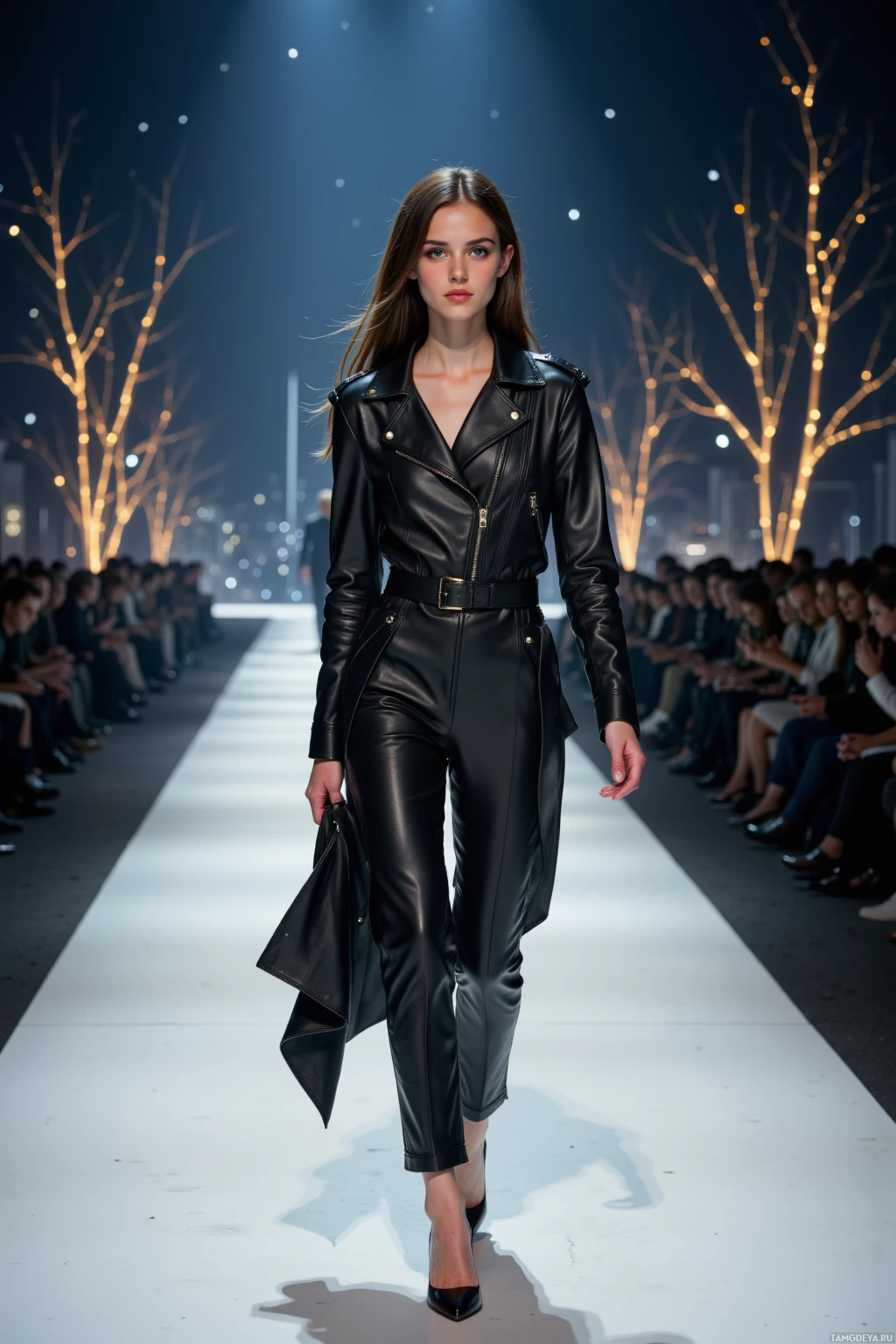A model walks down a runway in a black leather outfit.