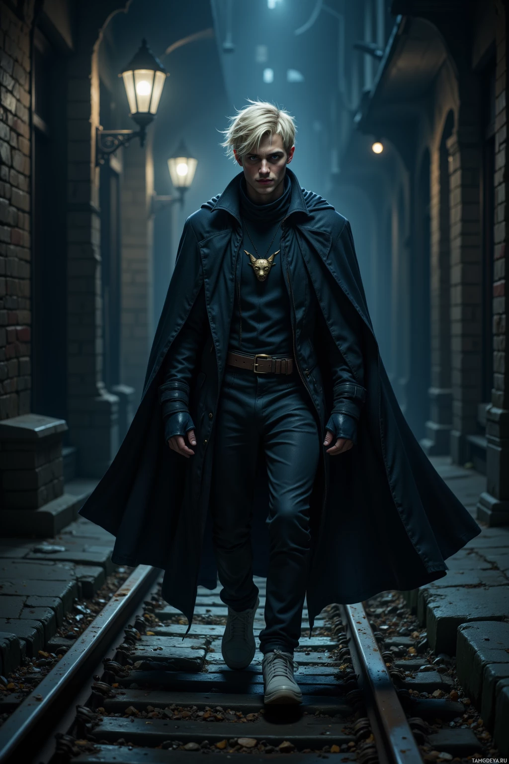 A person in a dark outfit walks down a dimly lit alleyway.