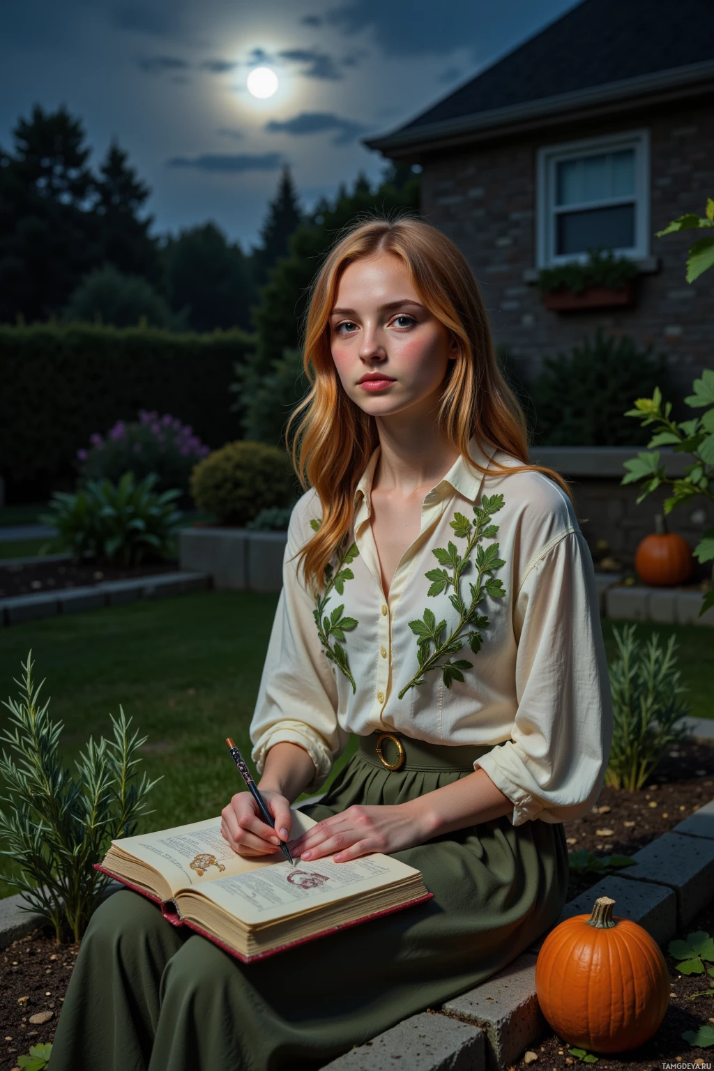 A young woman sits outdoors at night, writing in a book with a pumpkin nearby.