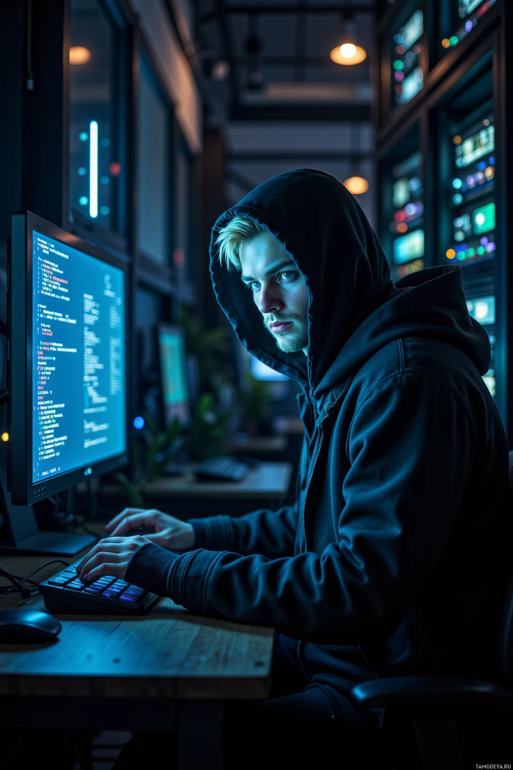 A person in a hoodie is working on a computer in a dimly lit room.