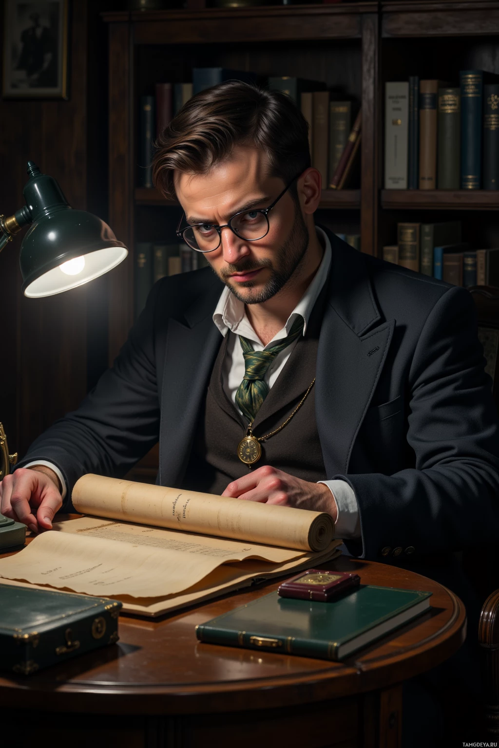 A man in formal attire sits at a desk with a lamp, examining an open book.