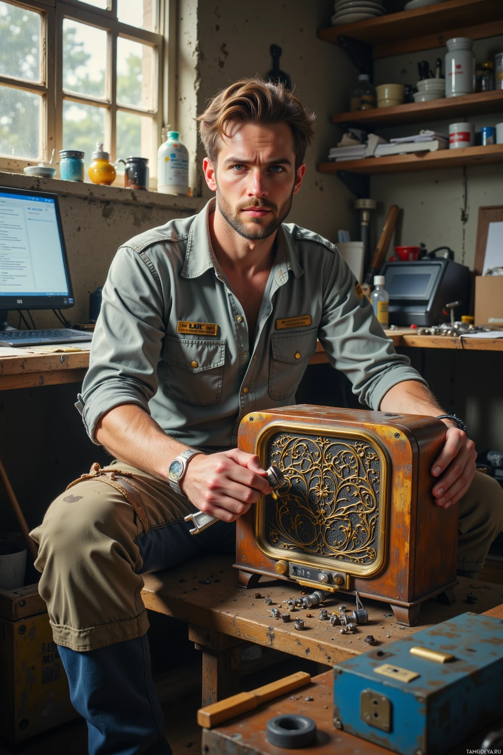 A man in a workshop setting holds a vintage radio while surrounded by tools and equipment.