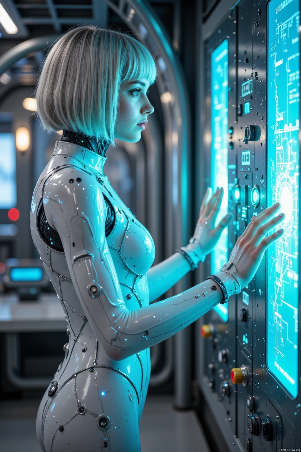 A futuristic humanoid figure interacts with a control panel in a high-tech environment.