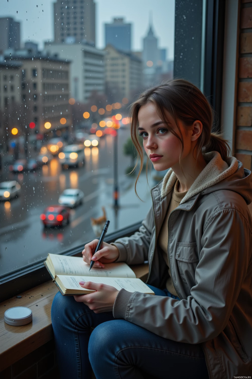 A person sits by a window, writing in a notebook with a cityscape and raindrops visible outside.