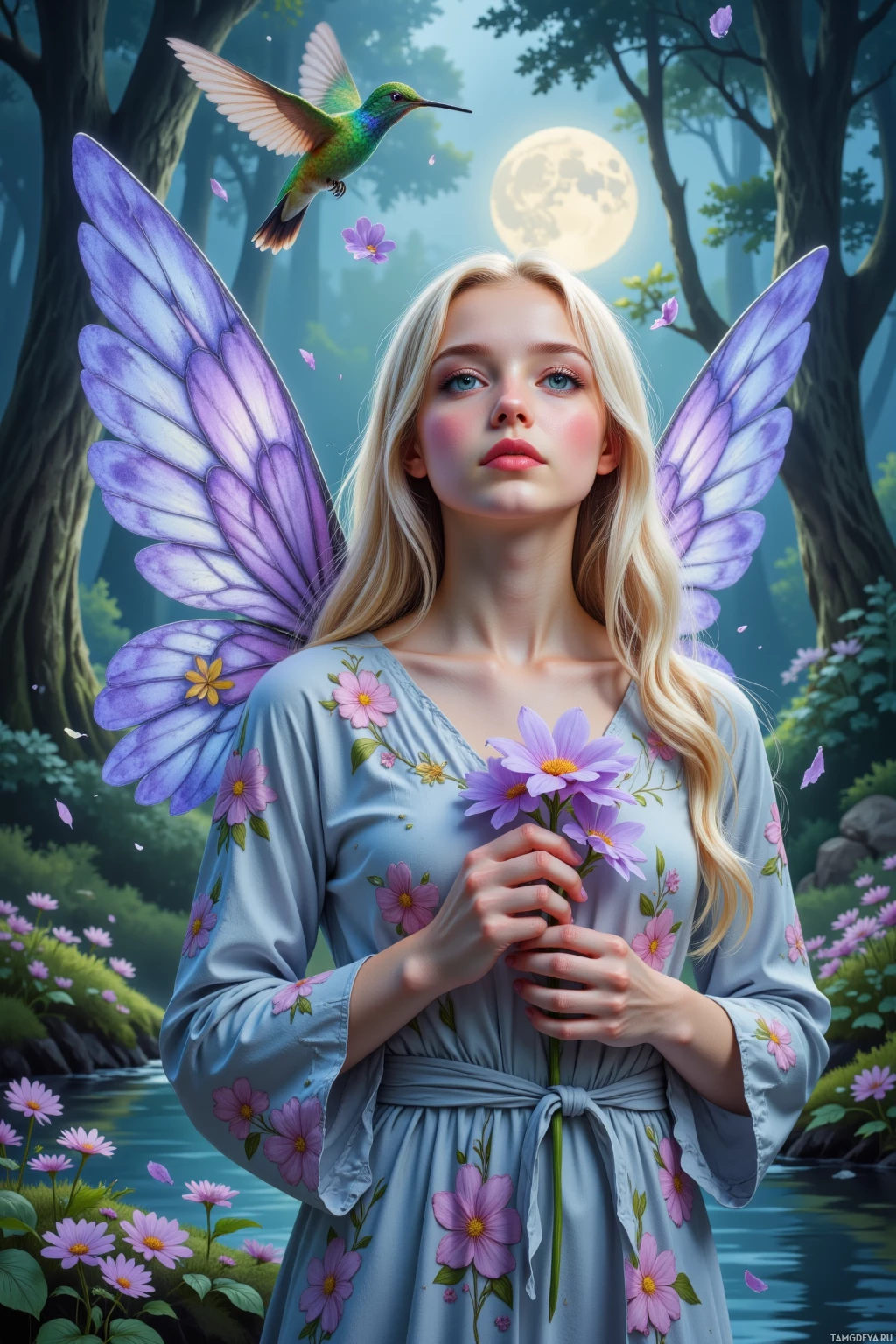 A fairy with purple wings and a floral dress holds a bouquet of flowers in a forest setting.