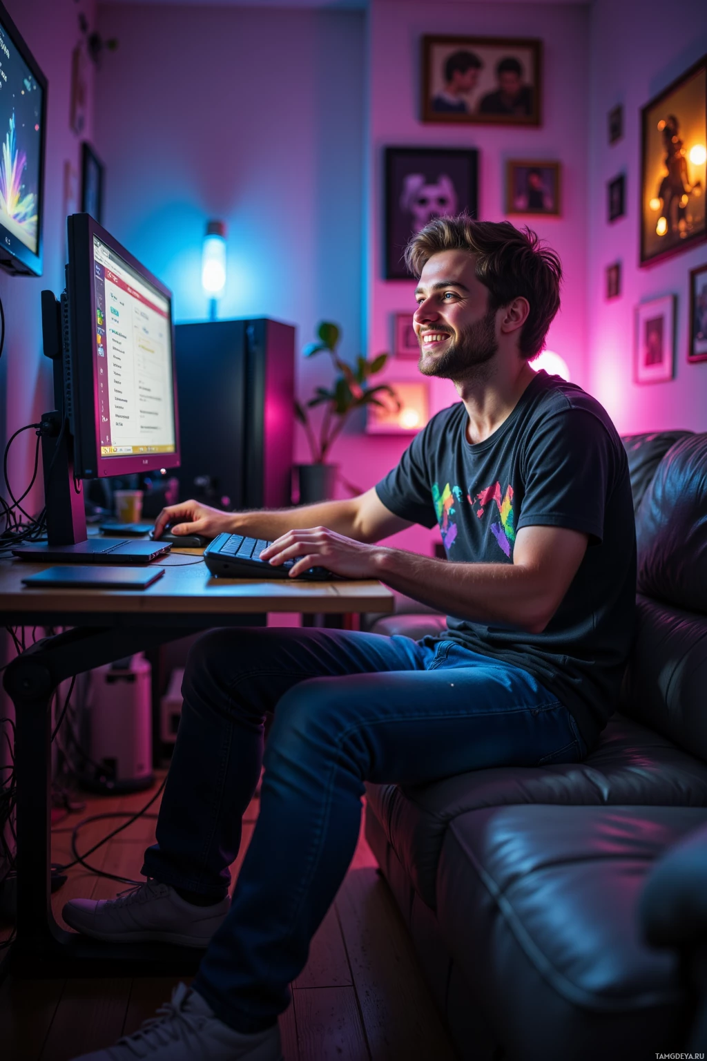 A person is sitting on a couch, working on a computer in a cozy room with colorful lighting.