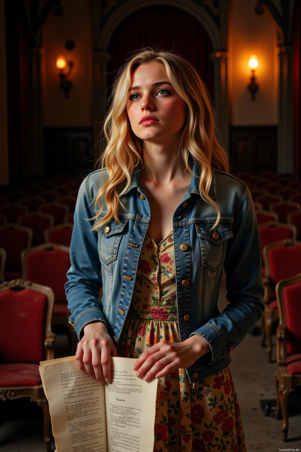 A woman in a denim jacket and floral dress holds a script in a dimly lit theater.