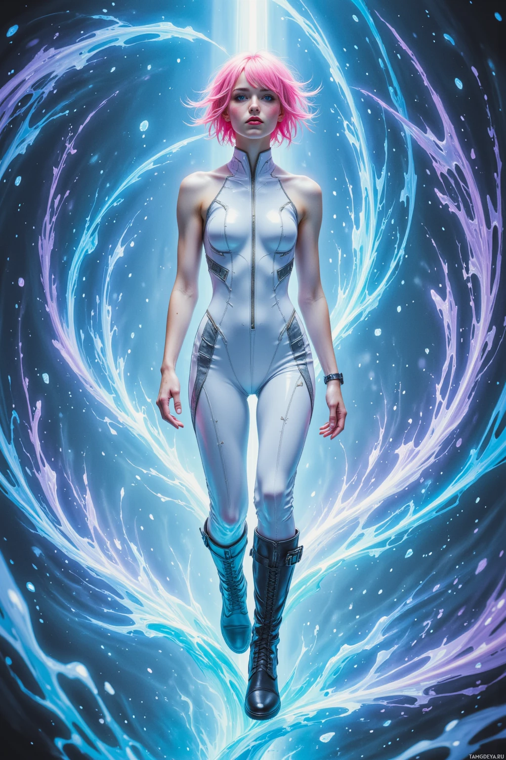 A futuristic woman in a white bodysuit walks through a swirling, ethereal blue and purple vortex.